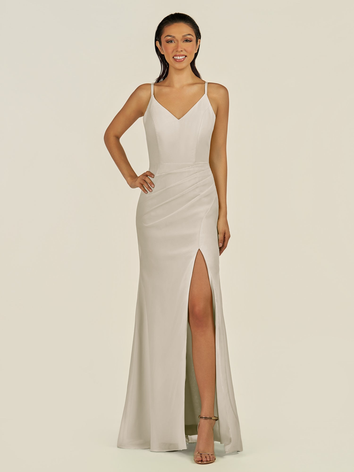 KissDress-Santillia Dove Gray Sheath Chiffon V Neck Long Bridesmaid Dress with Slit