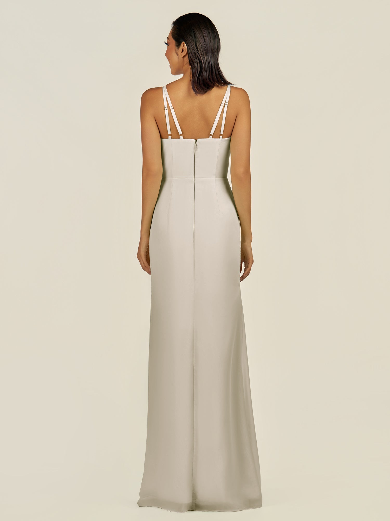 KissDress-Santillia Dove Gray Sheath Chiffon V Neck Long Bridesmaid Dress with Slit