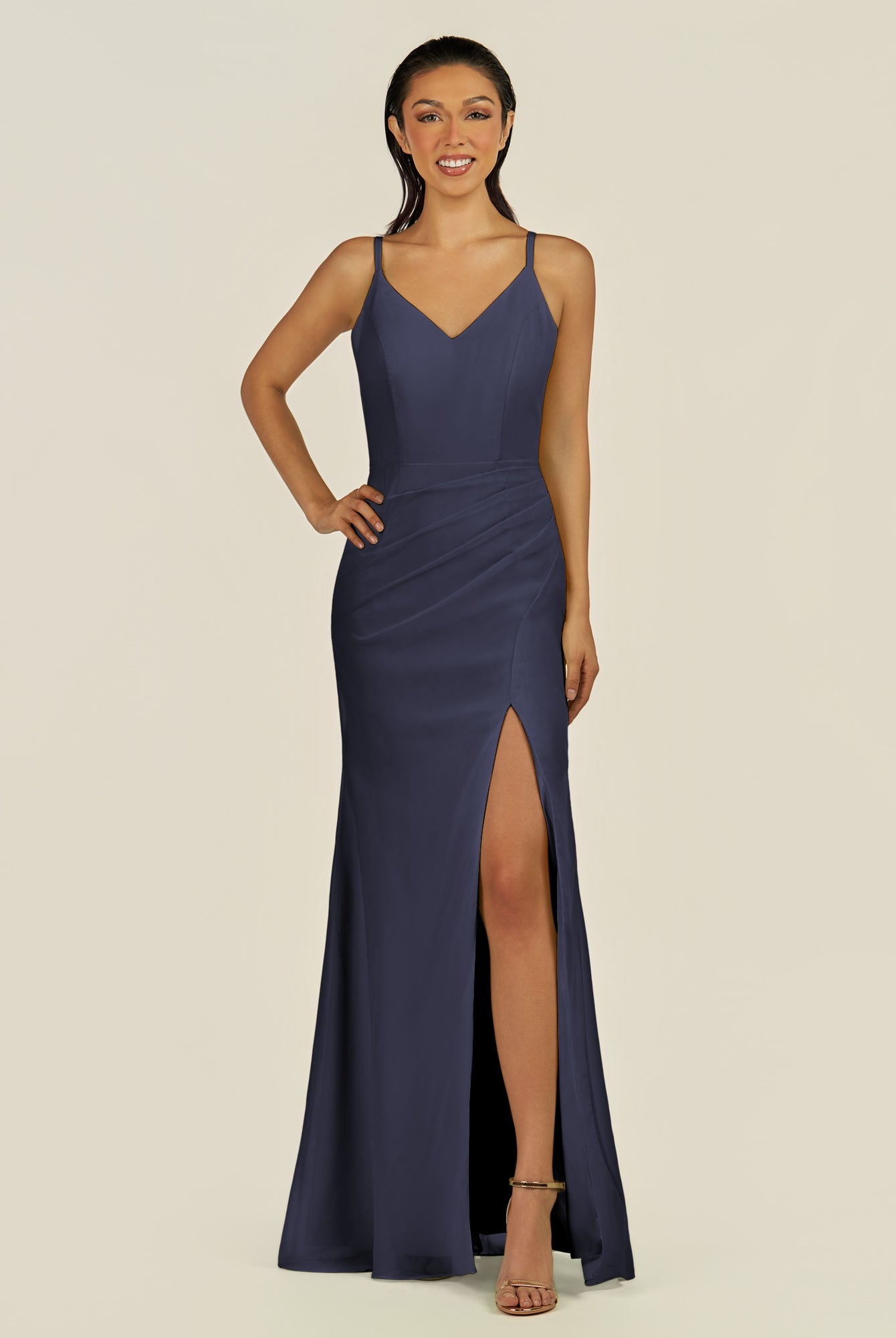 KissDress-Santillia Dusk Blue Sheath Chiffon V Neck Long Bridesmaid Dress with Slit
