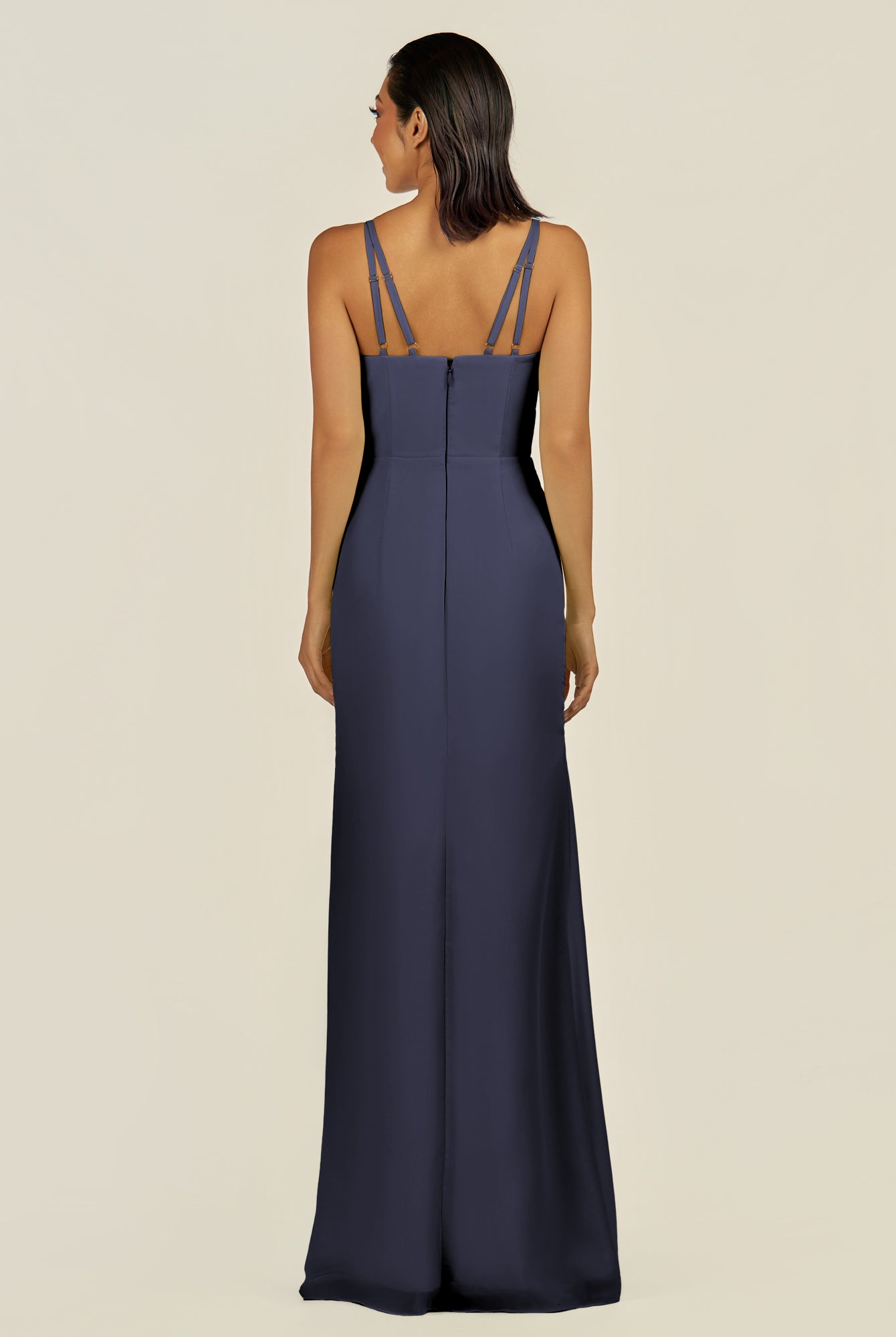 KissDress-Santillia Dusk Blue Sheath Chiffon V Neck Long Bridesmaid Dress with Slit