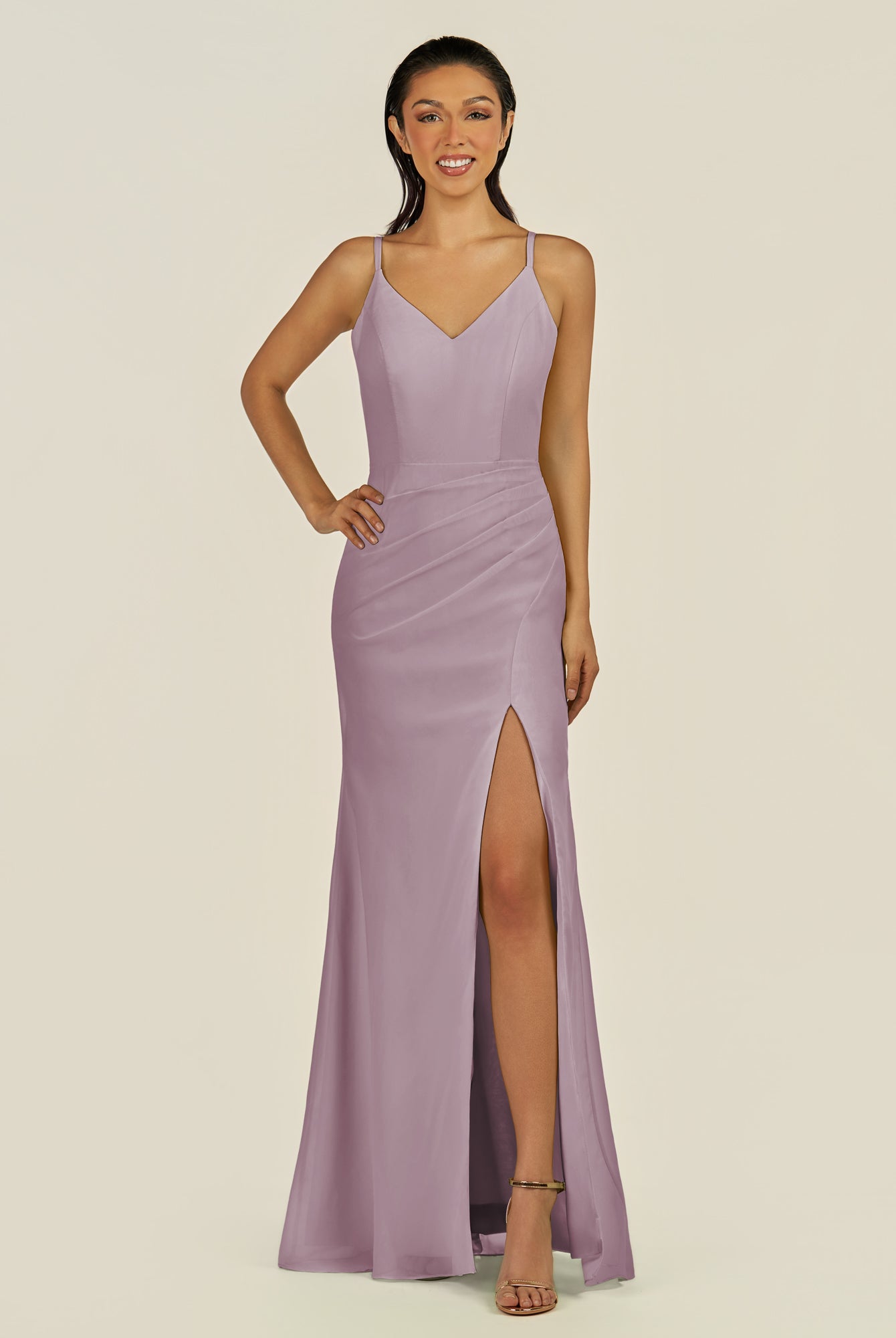 KissDress-Santillia Dusk Sheath Chiffon V Neck Long Bridesmaid Dress with Slit