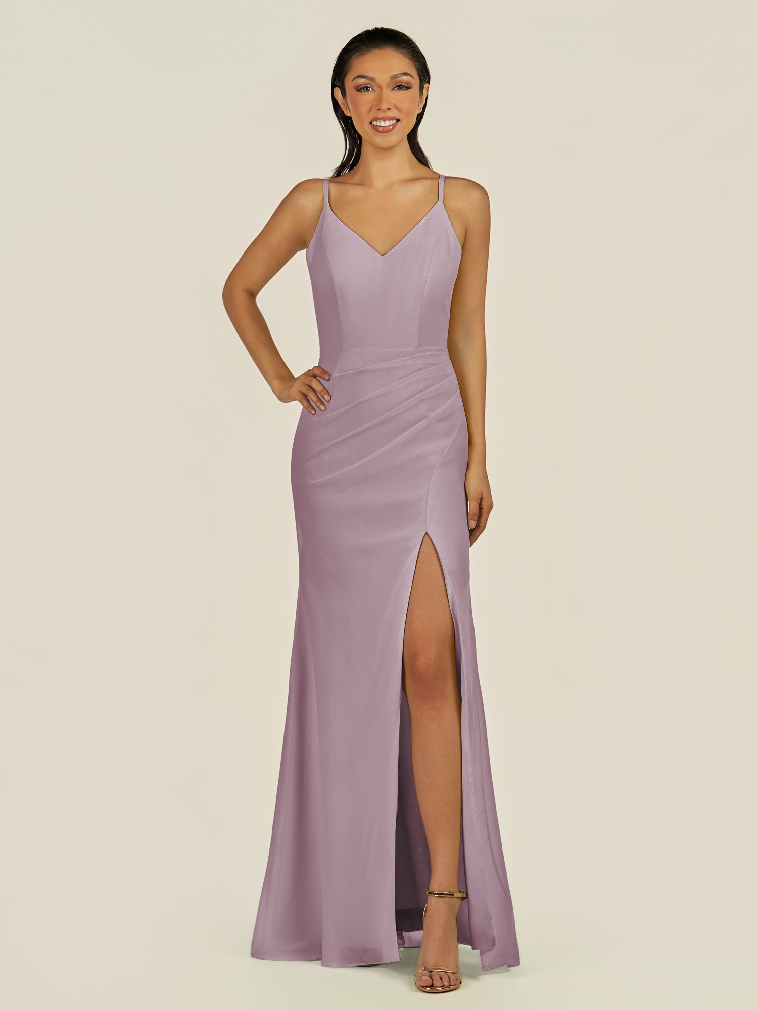 KissDress-Santillia Dusk Sheath Chiffon V Neck Long Bridesmaid Dress with Slit
