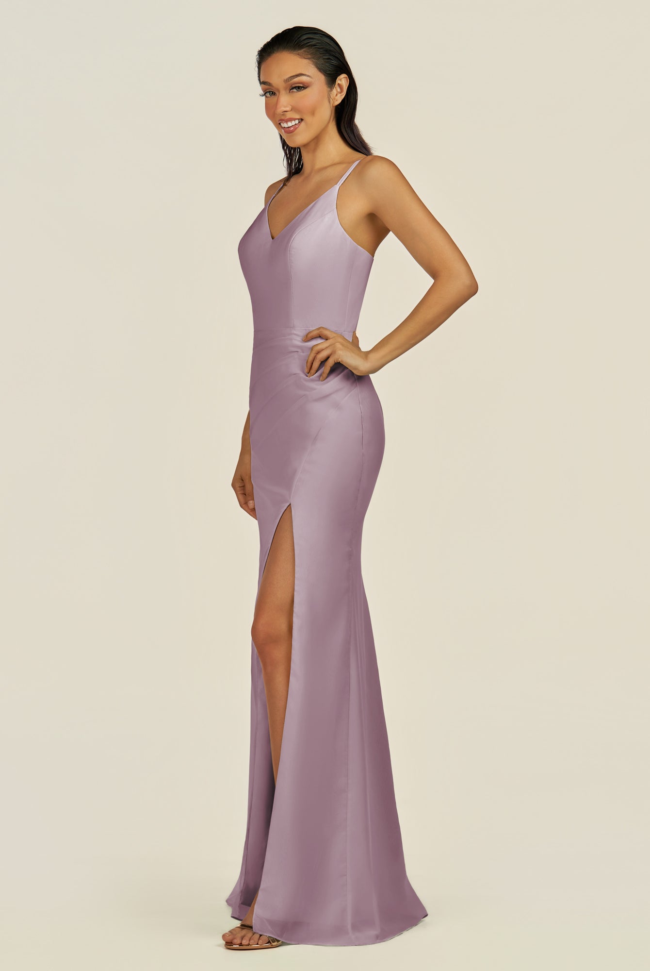 KissDress-Santillia Dusk Sheath Chiffon V Neck Long Bridesmaid Dress with Slit