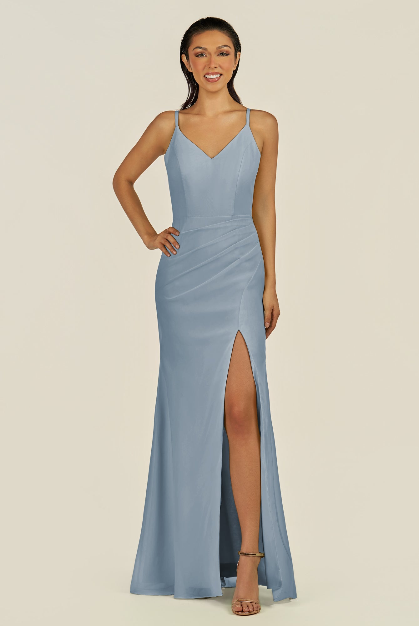 KissDress-Santillia Dusty Blue Sheath Chiffon V Neck Long Bridesmaid Dress with Slit