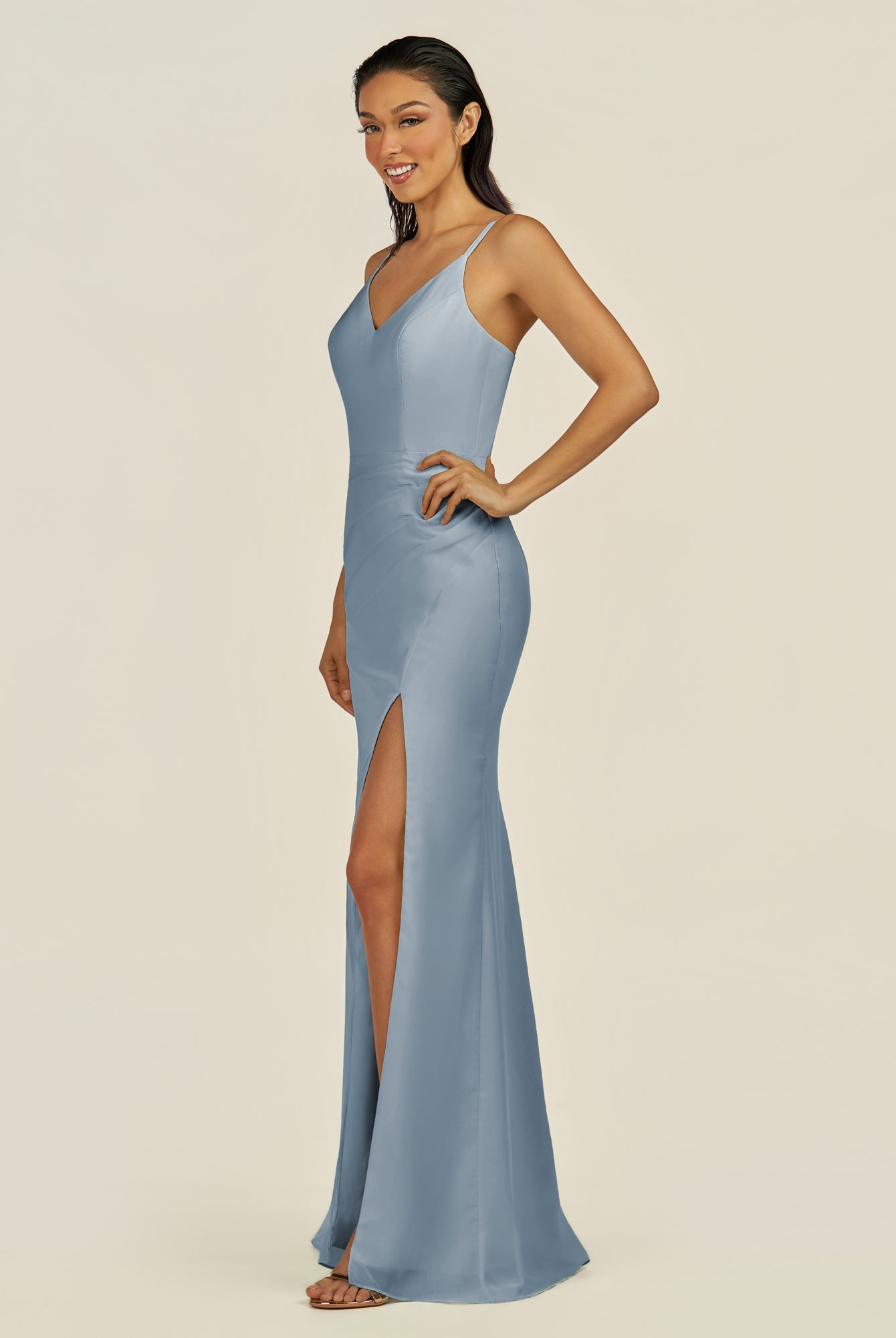 KissDress-Santillia Dusty Blue Sheath Chiffon V Neck Long Bridesmaid Dress with Slit