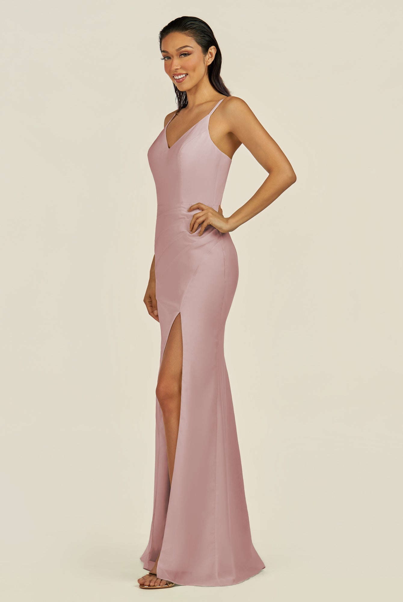 KissDress-Santillia Dusty Rose Sheath Chiffon V Neck Long Bridesmaid Dress with Slit