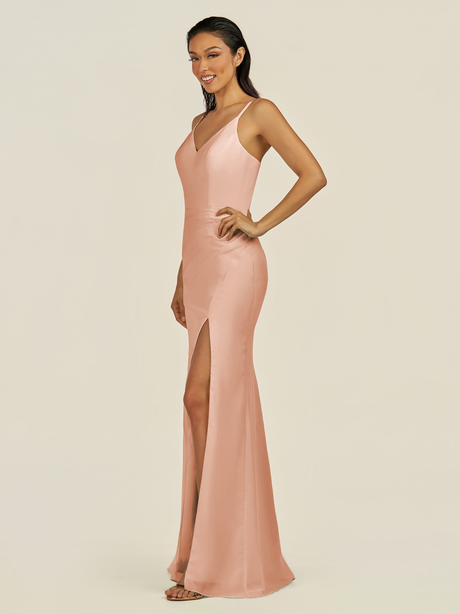 KissDress-Santillia English Rose Sheath Chiffon V Neck Long Bridesmaid Dress with Slit