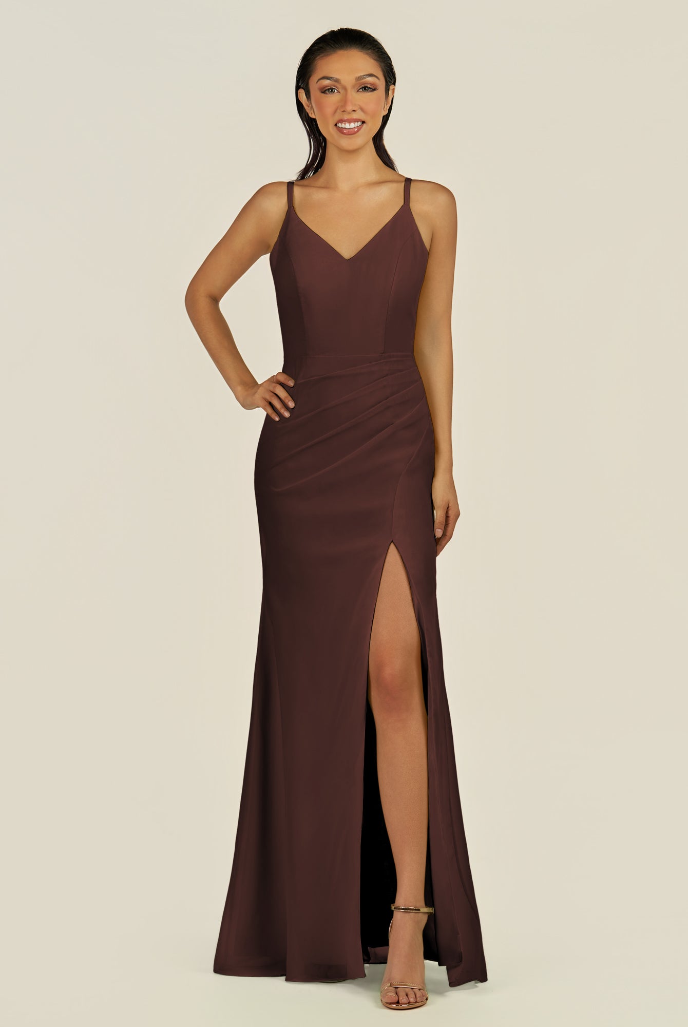 KissDress-Santillia Espresso Sheath Chiffon V Neck Long Bridesmaid Dress with Slit