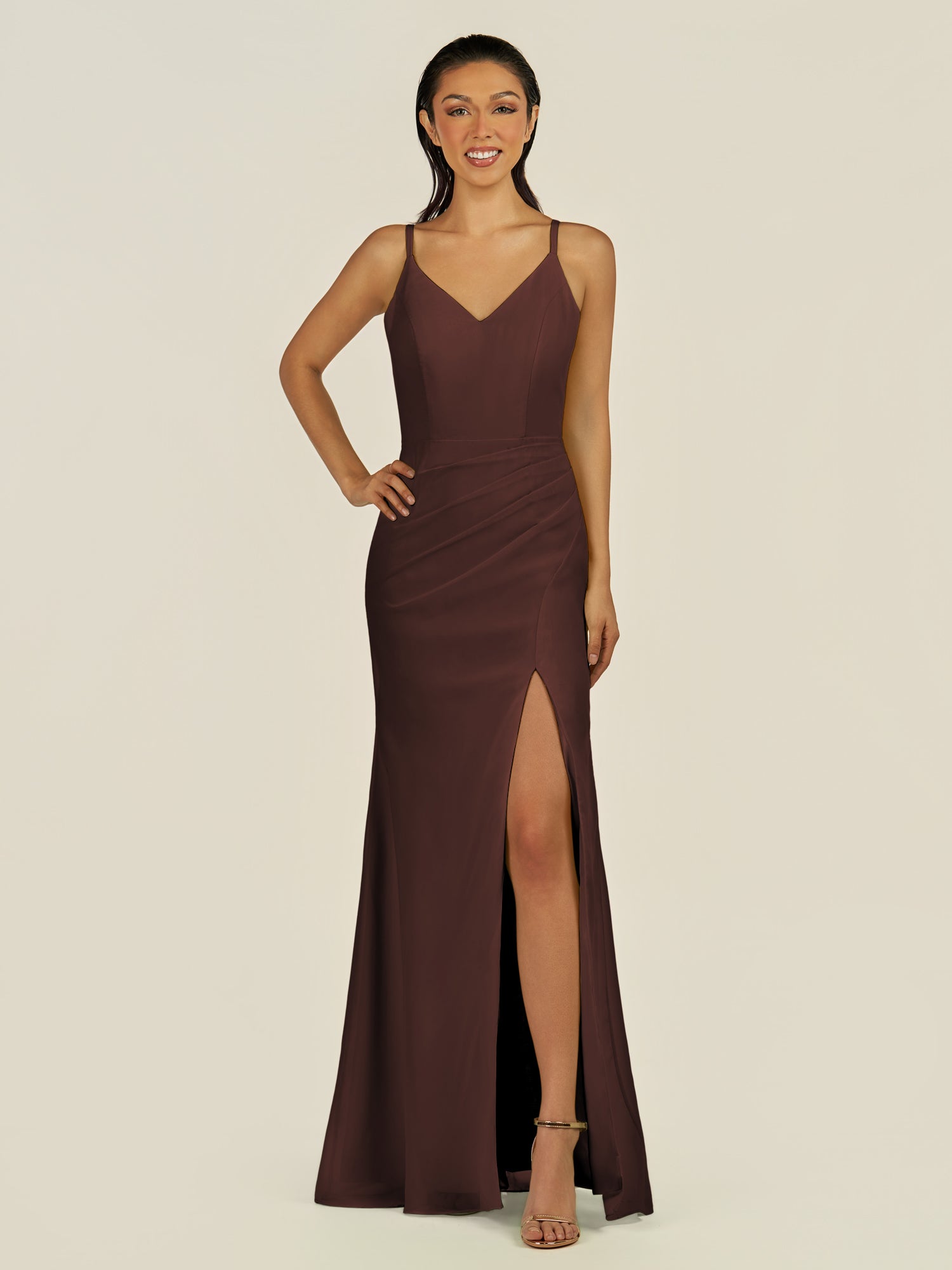 KissDress-Santillia Espresso Sheath Chiffon V Neck Long Bridesmaid Dress with Slit