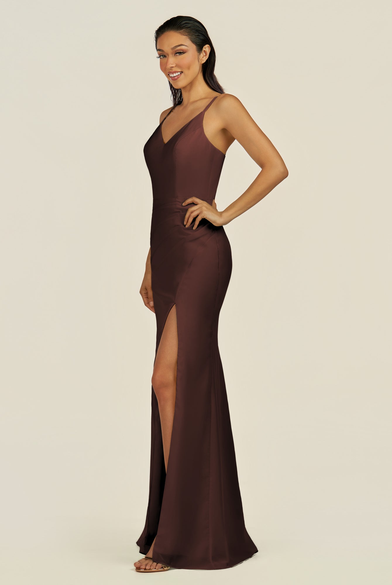 KissDress-Santillia Espresso Sheath Chiffon V Neck Long Bridesmaid Dress with Slit