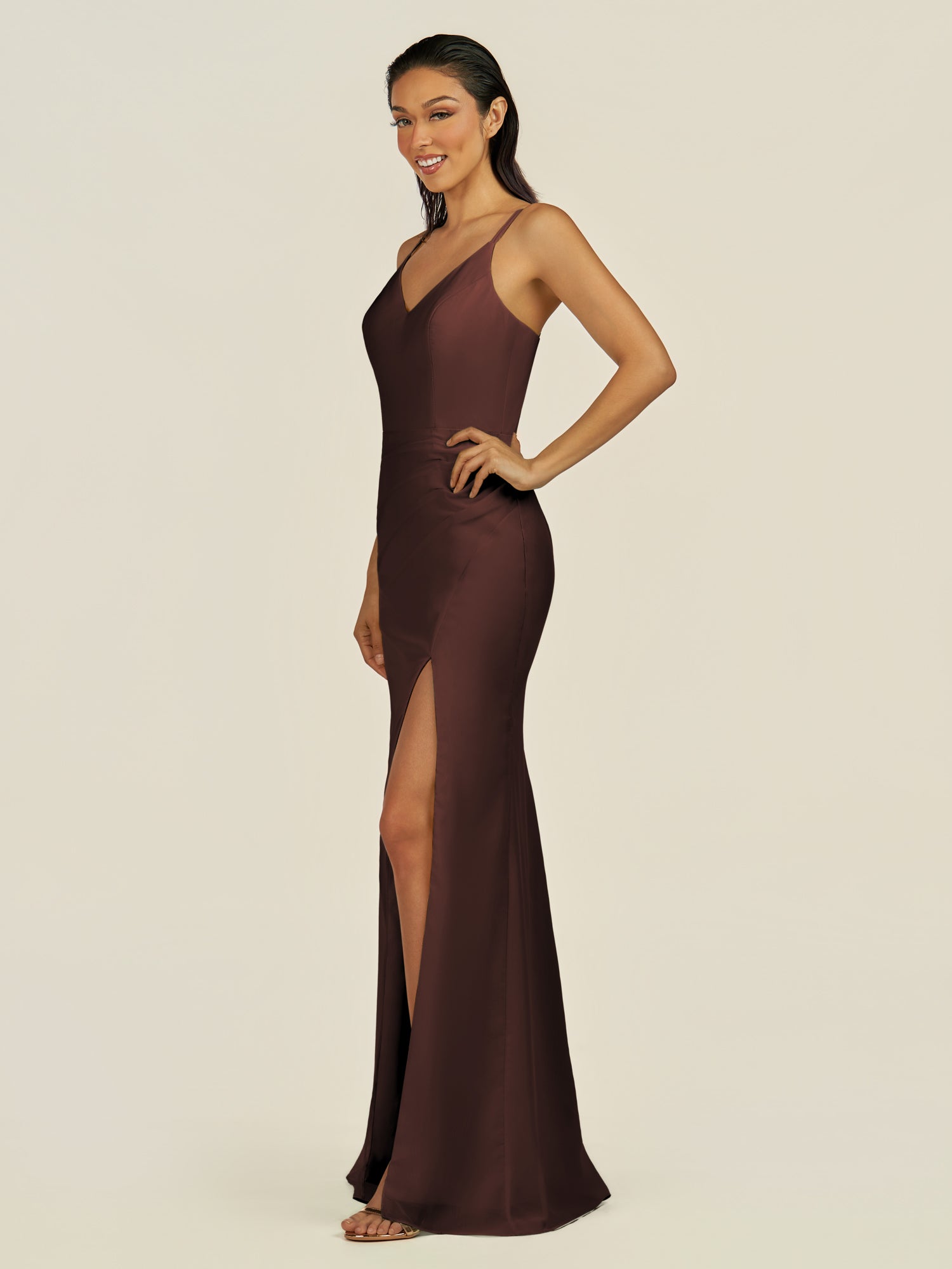 KissDress-Santillia Espresso Sheath Chiffon V Neck Long Bridesmaid Dress with Slit