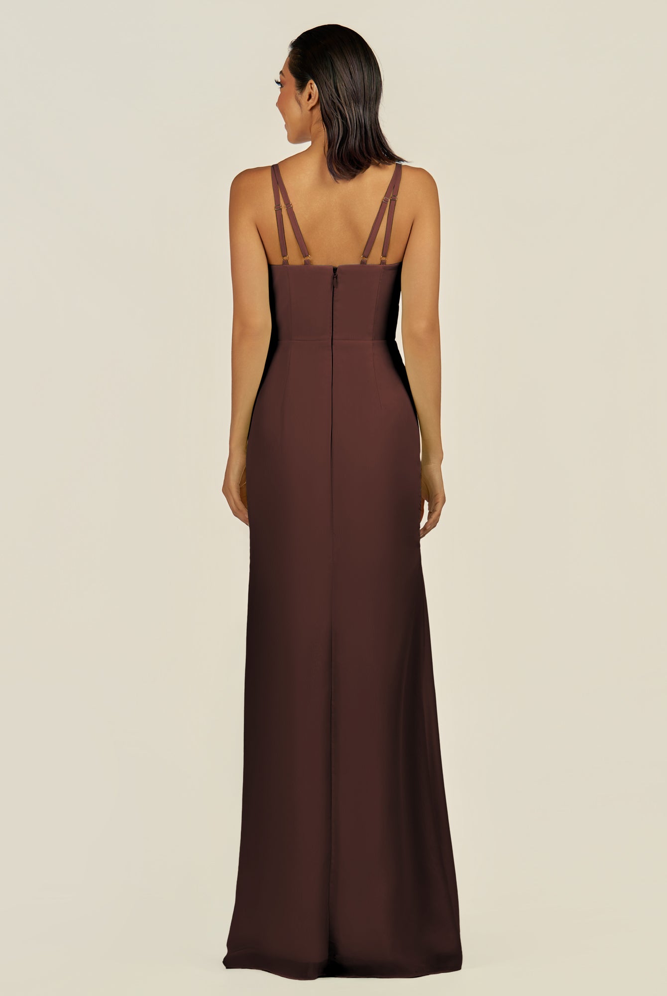 KissDress-Santillia Espresso Sheath Chiffon V Neck Long Bridesmaid Dress with Slit