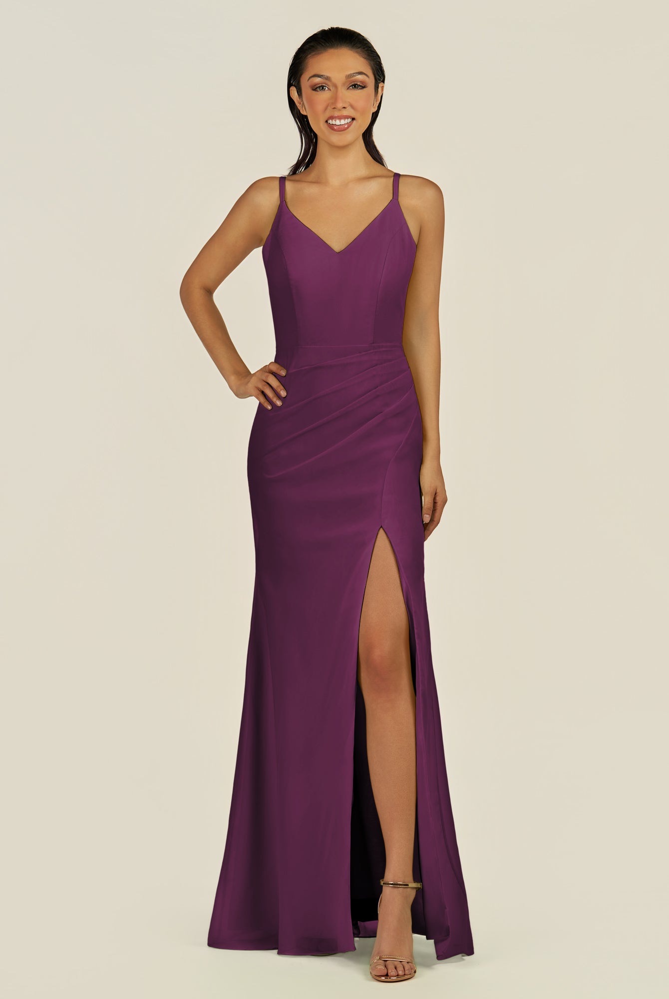 KissDress-Santillia Fig Sheath Chiffon V Neck Long Bridesmaid Dress with Slit