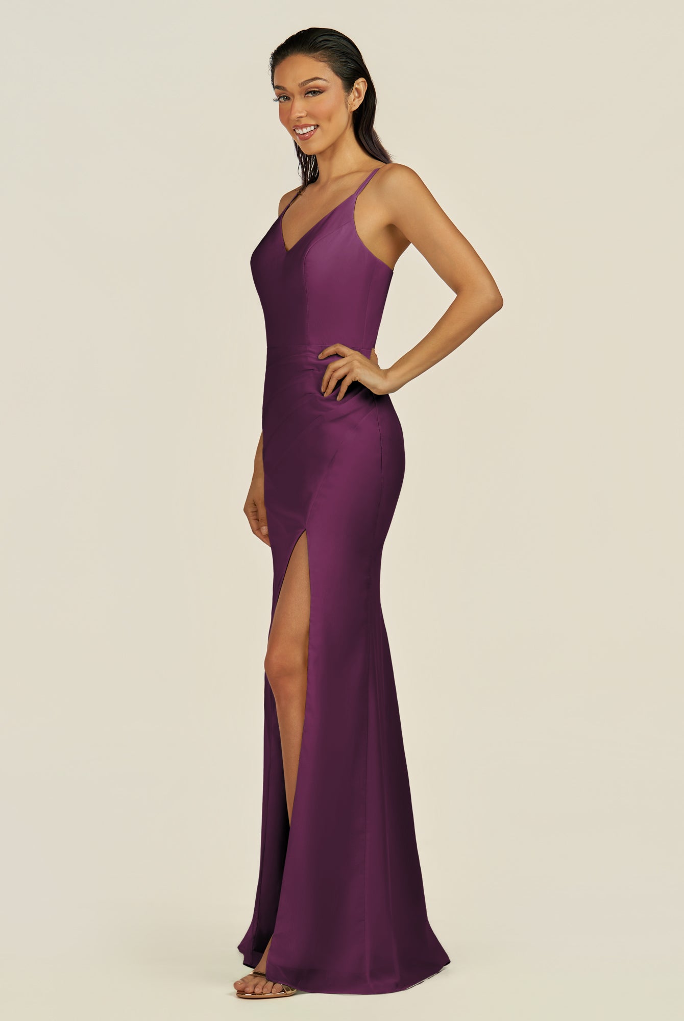 KissDress-Santillia Fig Sheath Chiffon V Neck Long Bridesmaid Dress with Slit