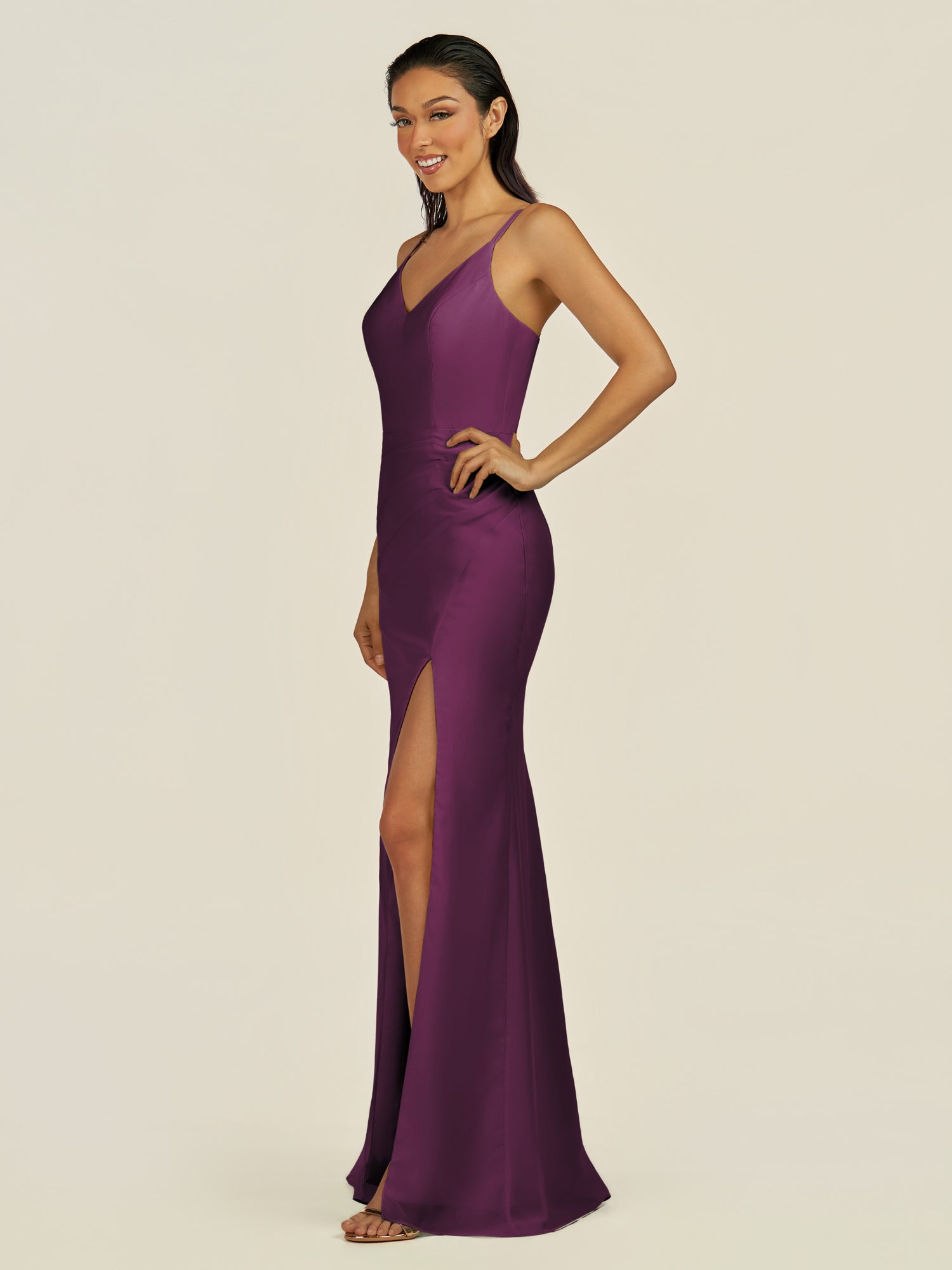 KissDress-Santillia Fig Sheath Chiffon V Neck Long Bridesmaid Dress with Slit