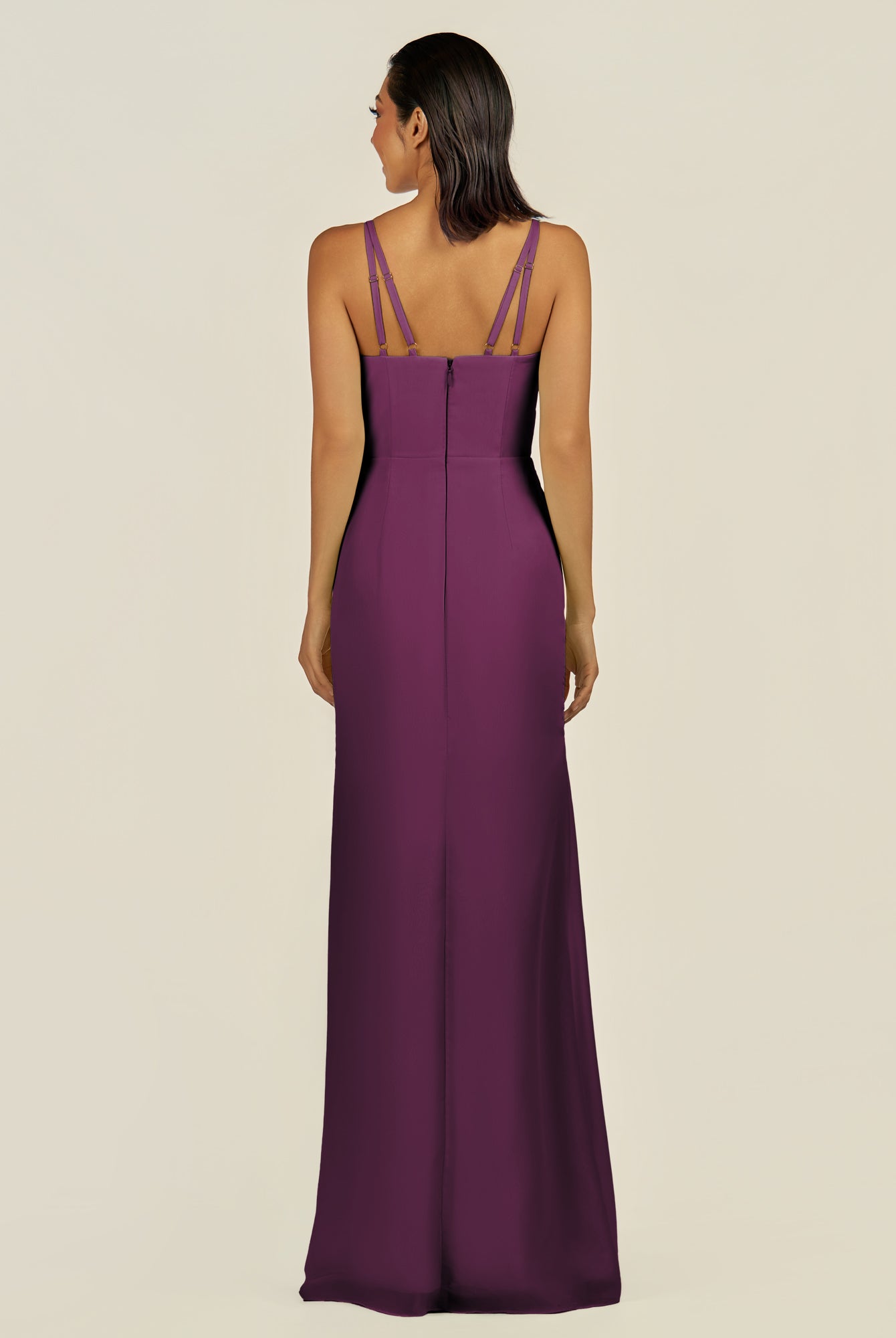 KissDress-Santillia Fig Sheath Chiffon V Neck Long Bridesmaid Dress with Slit