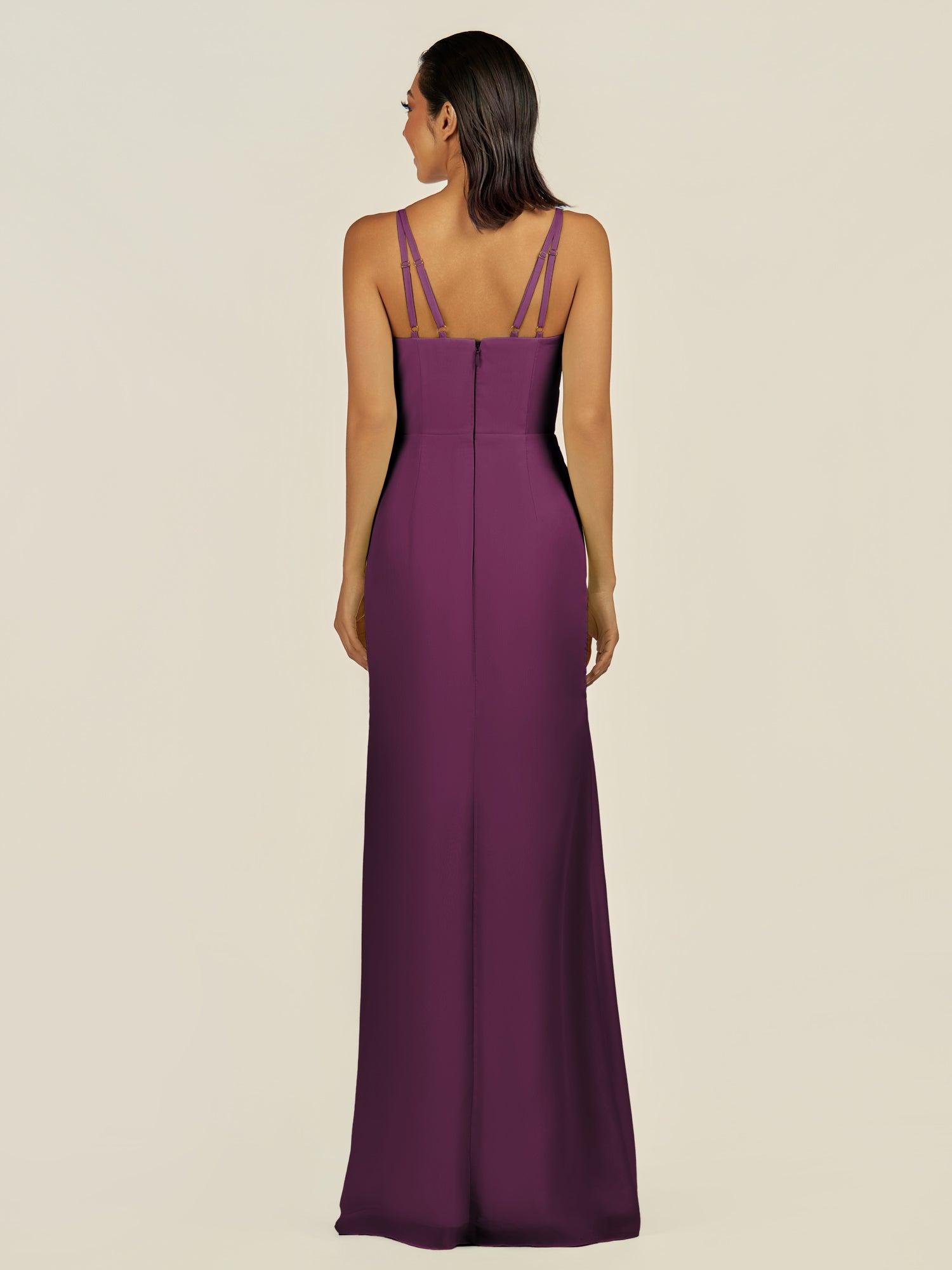 KissDress-Santillia Fig Sheath Chiffon V Neck Long Bridesmaid Dress with Slit