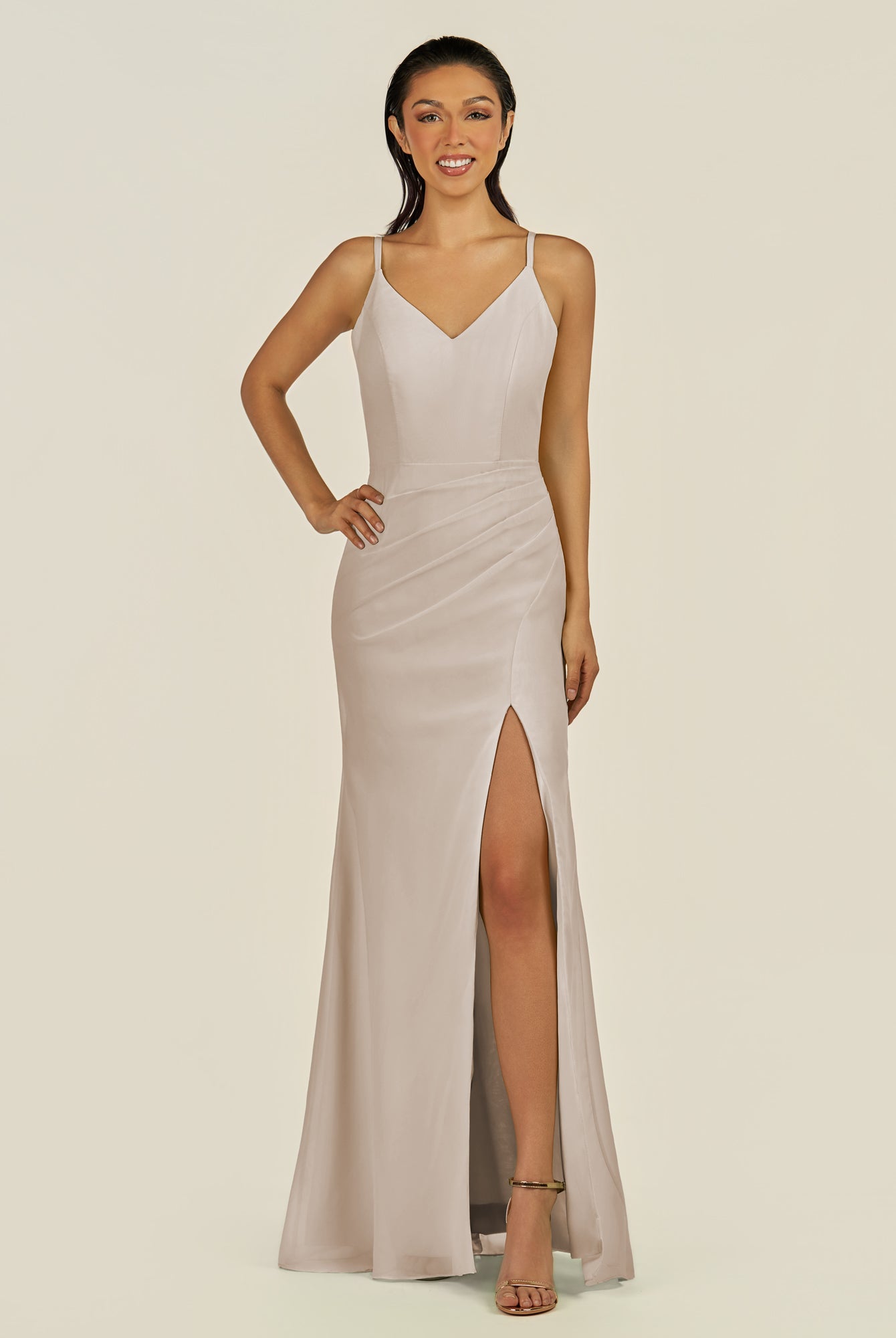 KissDress-Santillia Frost Sheath Chiffon V Neck Long Bridesmaid Dress with Slit
