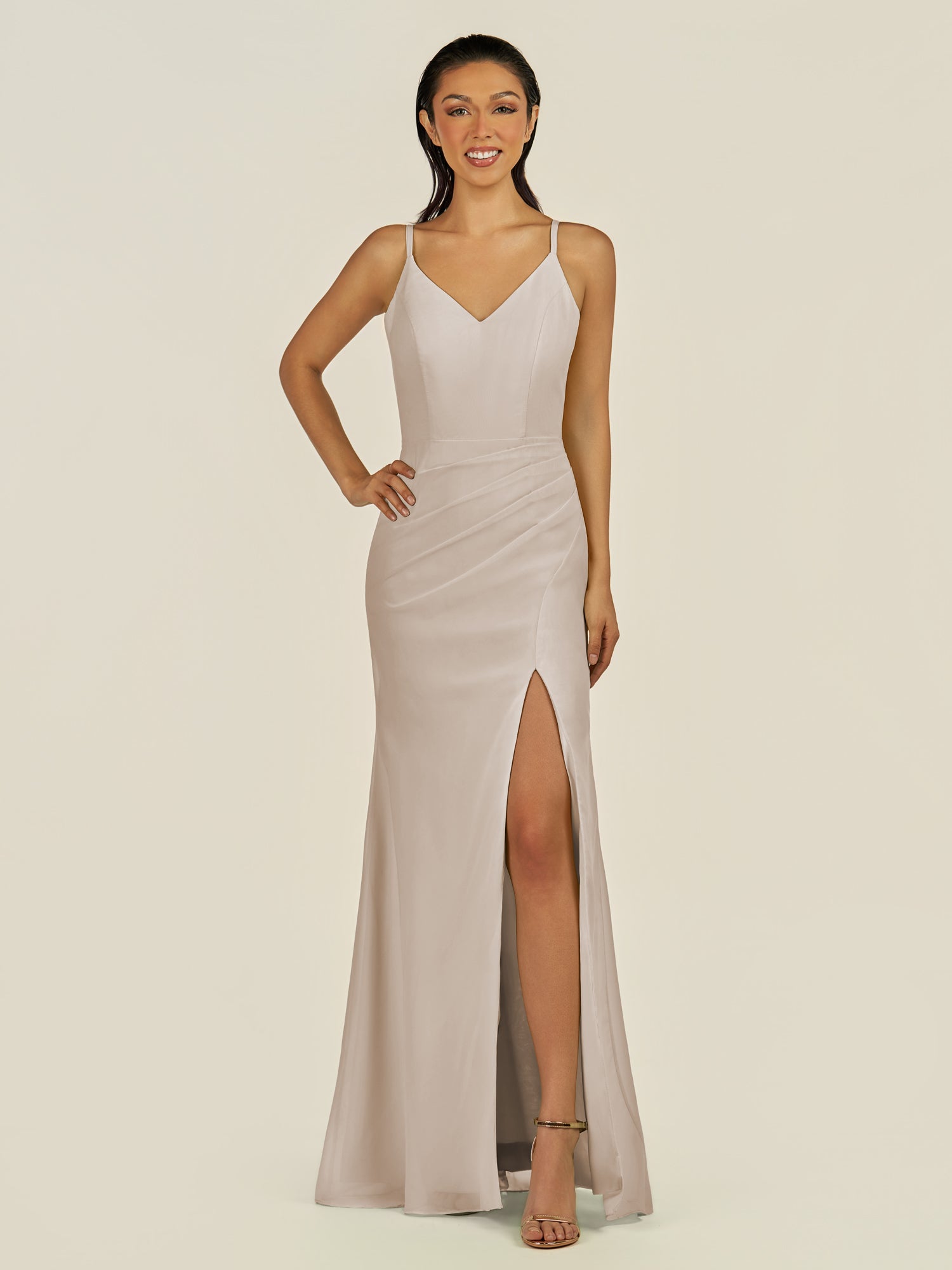 KissDress-Santillia Frost Sheath Chiffon V Neck Long Bridesmaid Dress with Slit