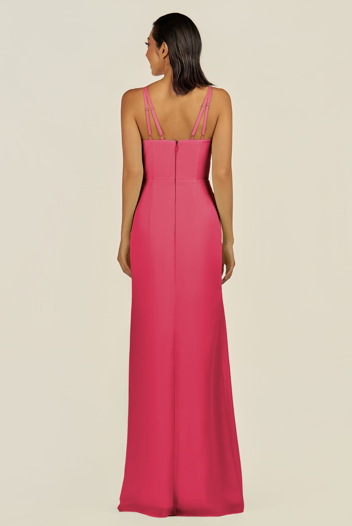 KissDress-Santillia Fuchsia Sheath Chiffon V Neck Long Bridesmaid Dress with Slit