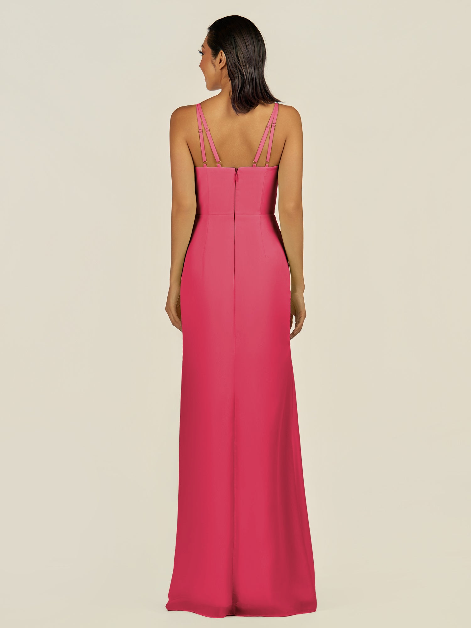 KissDress-Santillia Fuchsia Sheath Chiffon V Neck Long Bridesmaid Dress with Slit