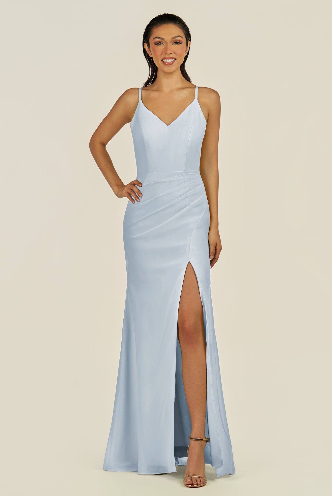 KissDress-Santillia Ice Sheath Chiffon V Neck Long Bridesmaid Dress with Slit
