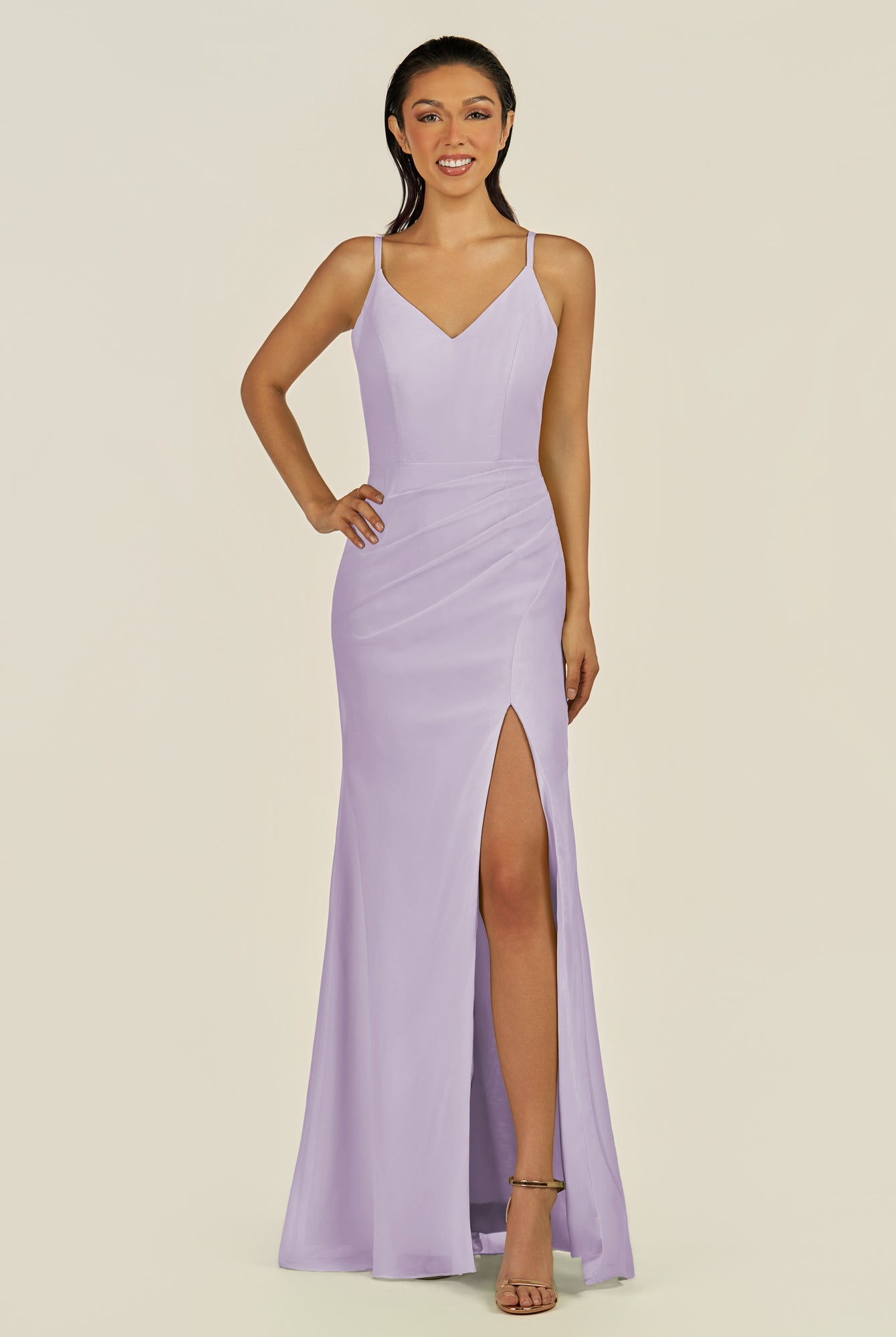 KissDress-Santillia Lavender Sheath Chiffon V Neck Long Bridesmaid Dress with Slit