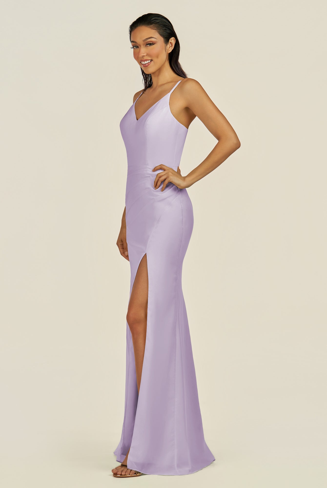 KissDress-Santillia Lavender Sheath Chiffon V Neck Long Bridesmaid Dress with Slit