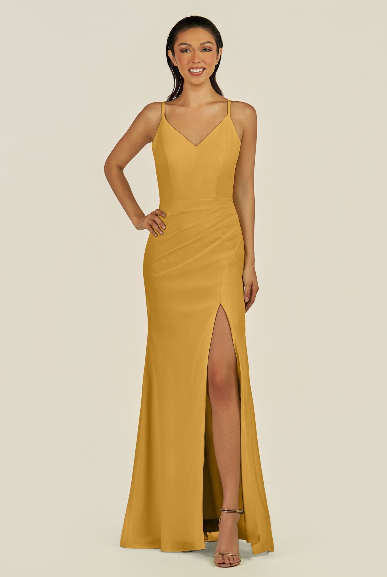 KissDress-Santillia Marigold Sheath Chiffon V Neck Long Bridesmaid Dress with Slit