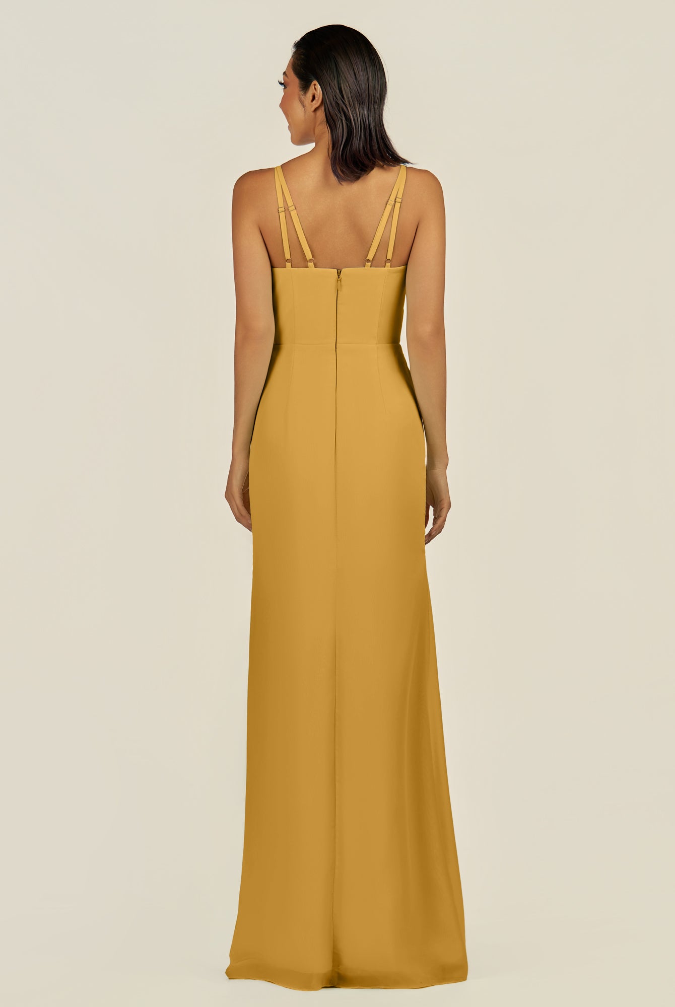 KissDress-Santillia Marigold Sheath Chiffon V Neck Long Bridesmaid Dress with Slit
