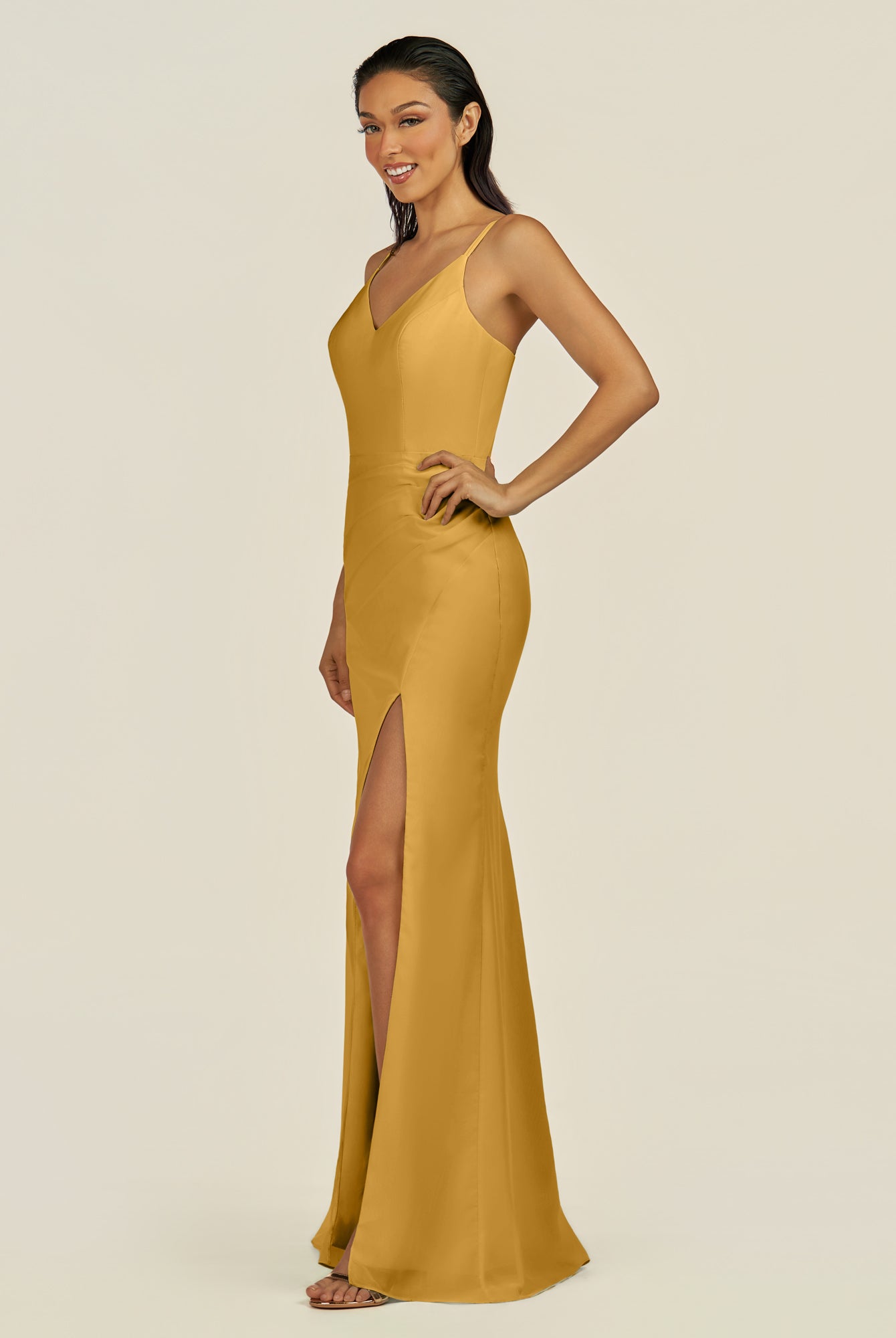KissDress-Santillia Marigold Sheath Chiffon V Neck Long Bridesmaid Dress with Slit