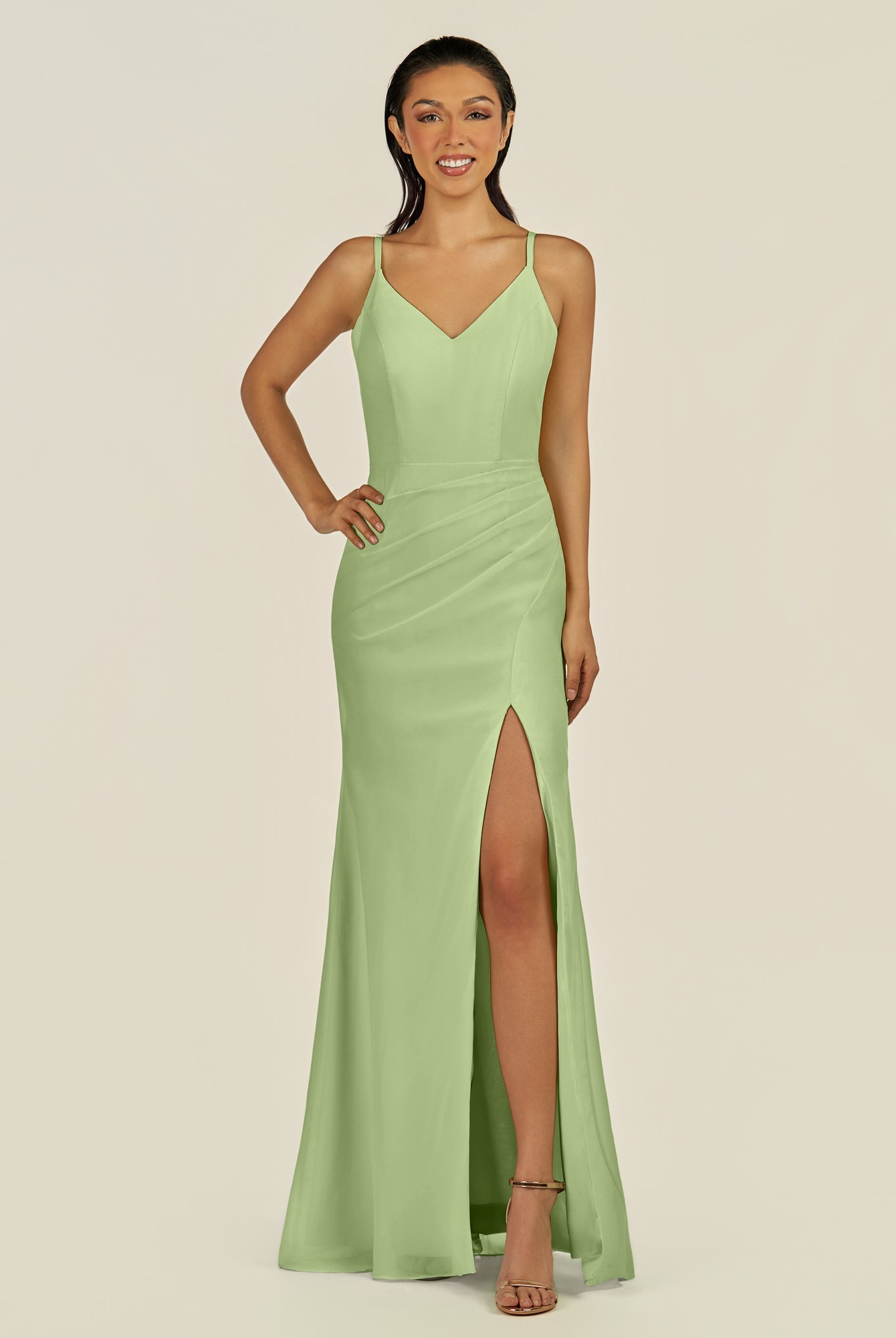 KissDress-Santillia Matcha Sheath Chiffon V Neck Long Bridesmaid Dress with Slit
