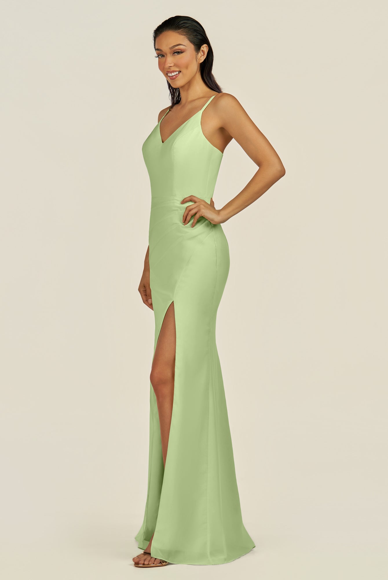 KissDress-Santillia Matcha Sheath Chiffon V Neck Long Bridesmaid Dress with Slit
