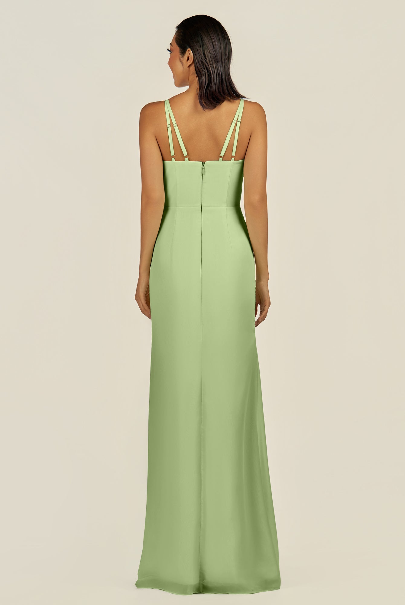 KissDress-Santillia Matcha Sheath Chiffon V Neck Long Bridesmaid Dress with Slit