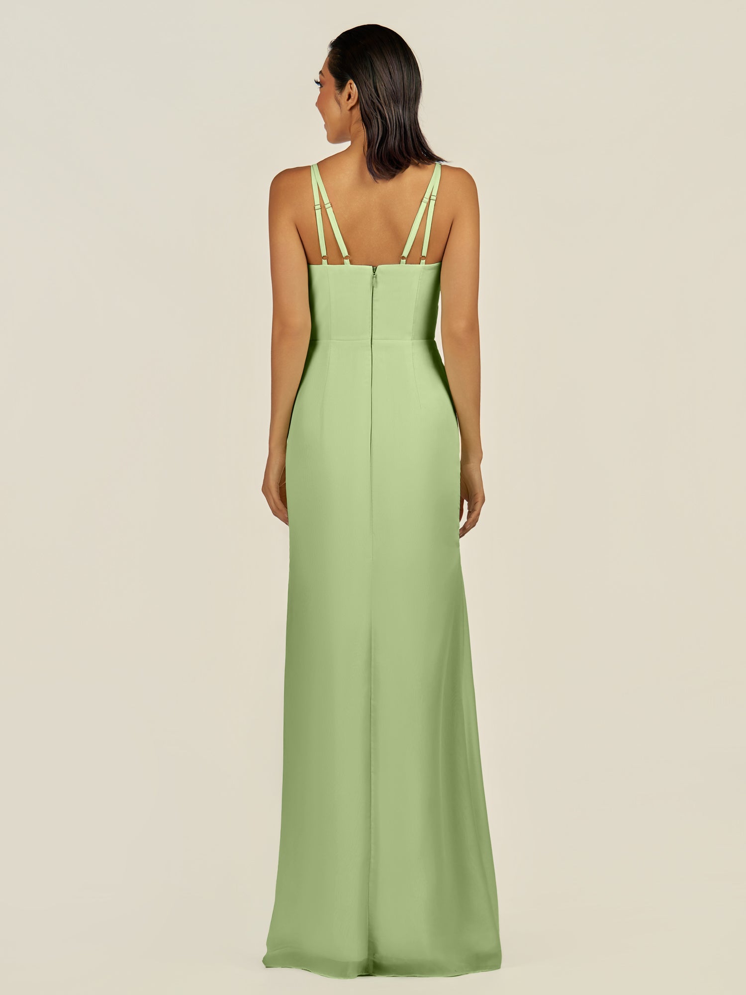 KissDress-Santillia Matcha Sheath Chiffon V Neck Long Bridesmaid Dress with Slit