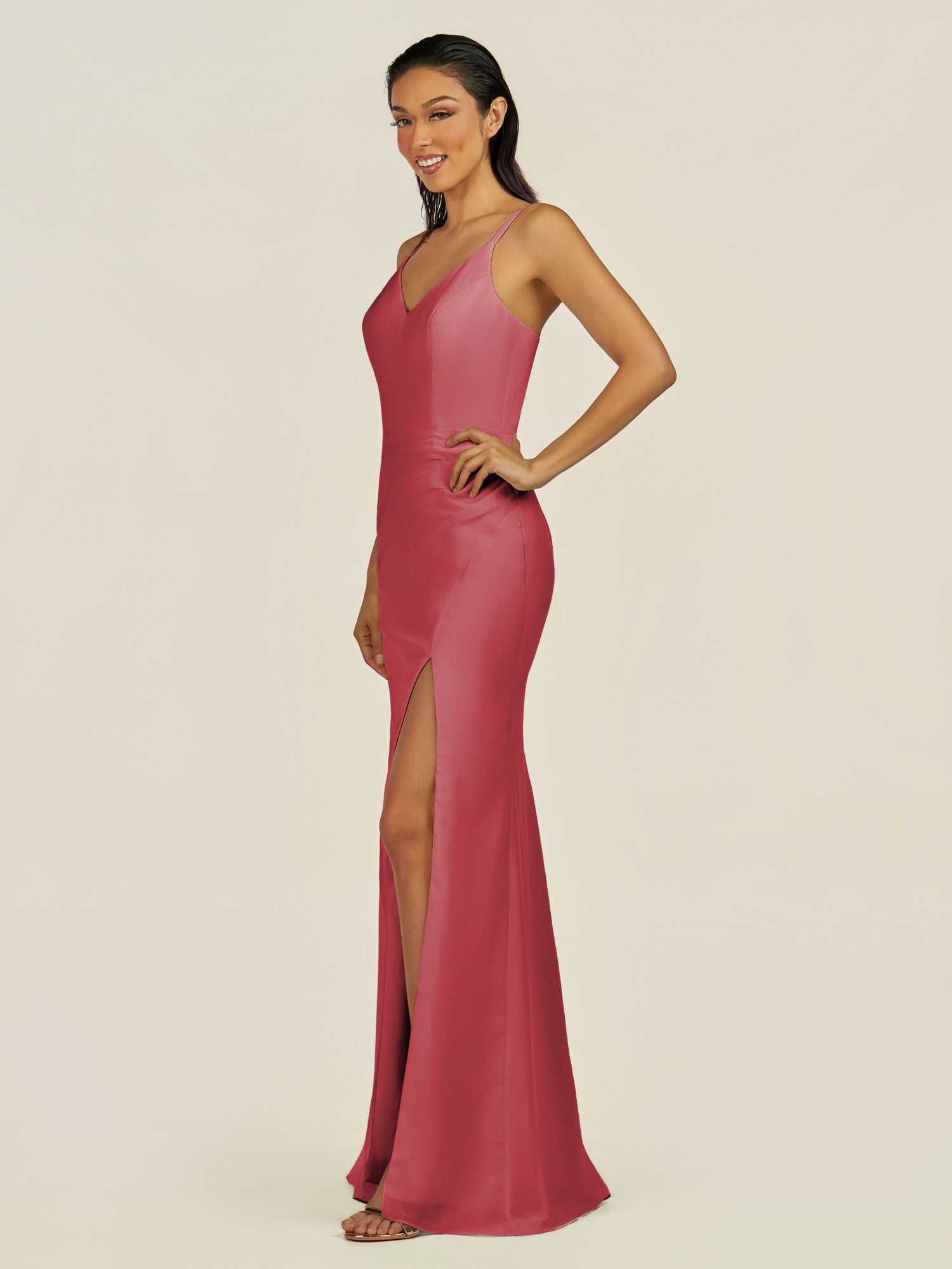 KissDress-Santillia Merlot Sheath Chiffon V Neck Long Bridesmaid Dress with Slit