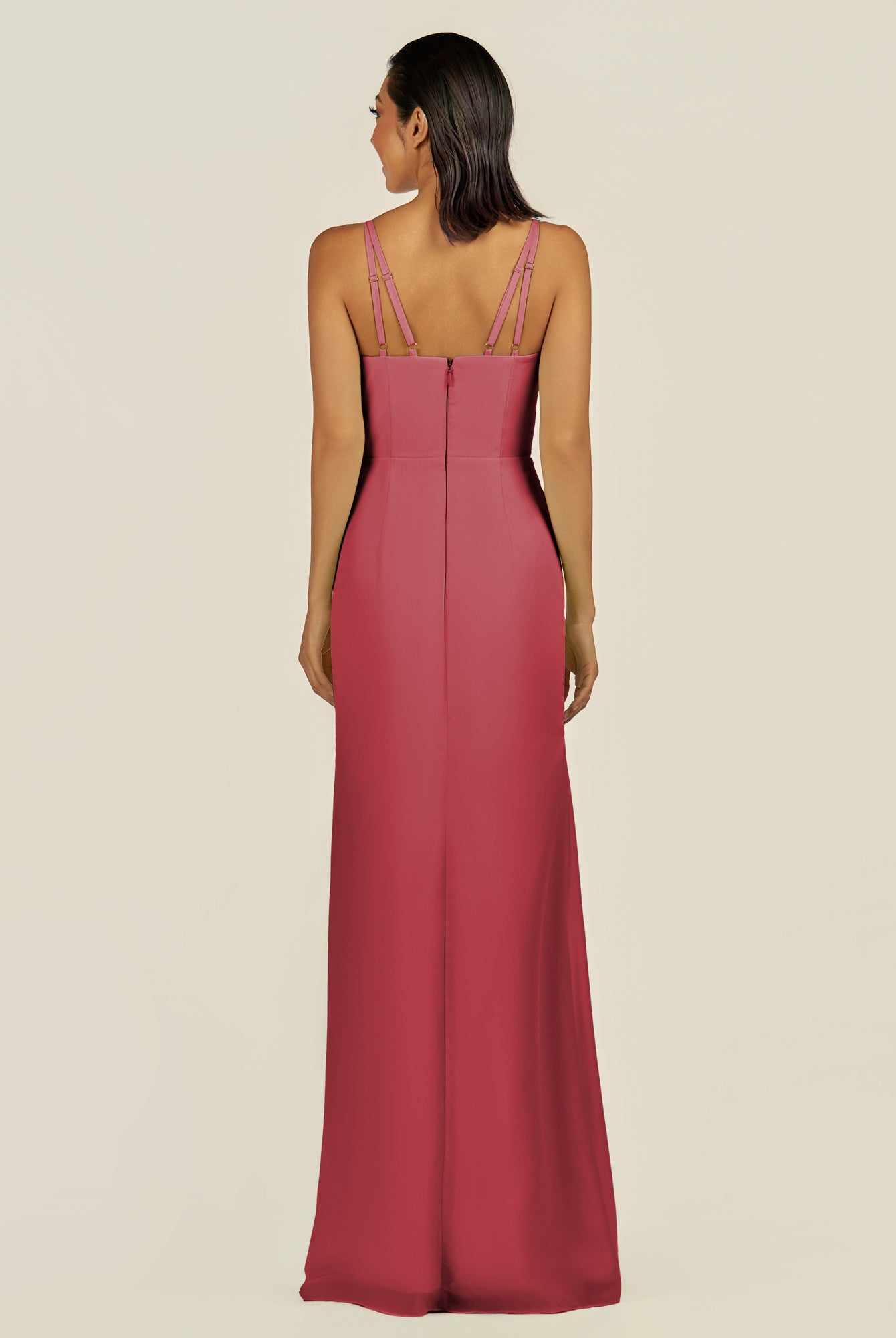 KissDress-Santillia Merlot Sheath Chiffon V Neck Long Bridesmaid Dress with Slit