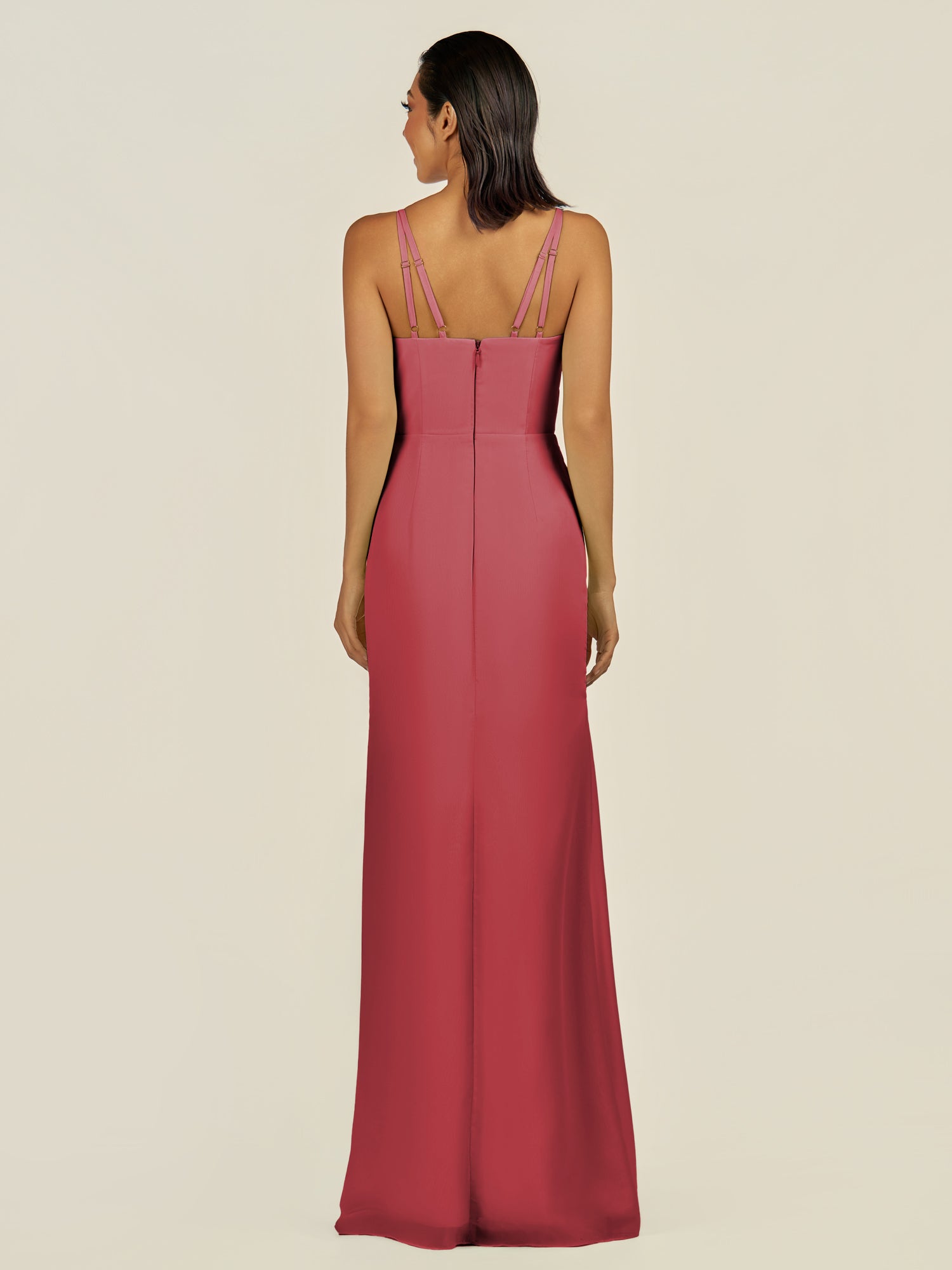 KissDress-Santillia Merlot Sheath Chiffon V Neck Long Bridesmaid Dress with Slit
