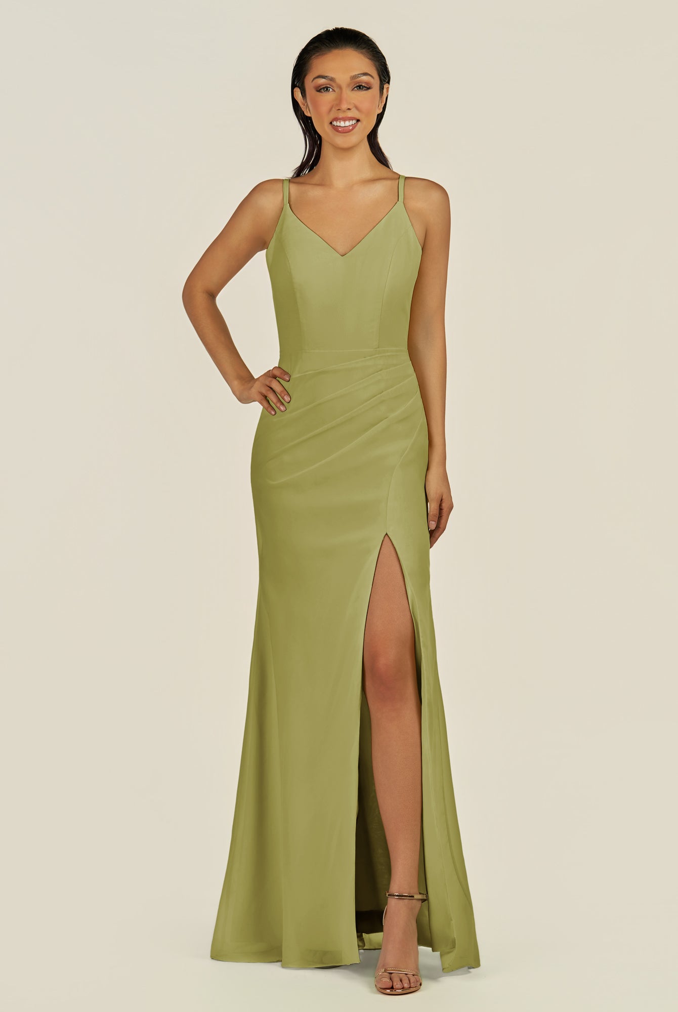 KissDress-Santillia Moss Green Sheath Chiffon V Neck Long Bridesmaid Dress with Slit