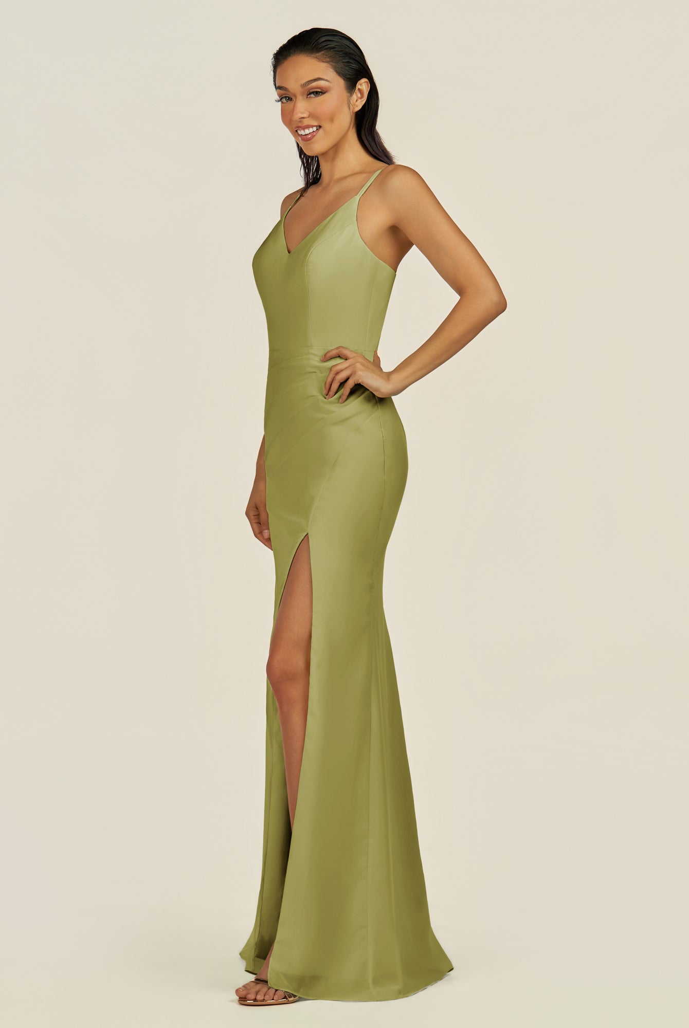 KissDress-Santillia Moss Green Sheath Chiffon V Neck Long Bridesmaid Dress with Slit