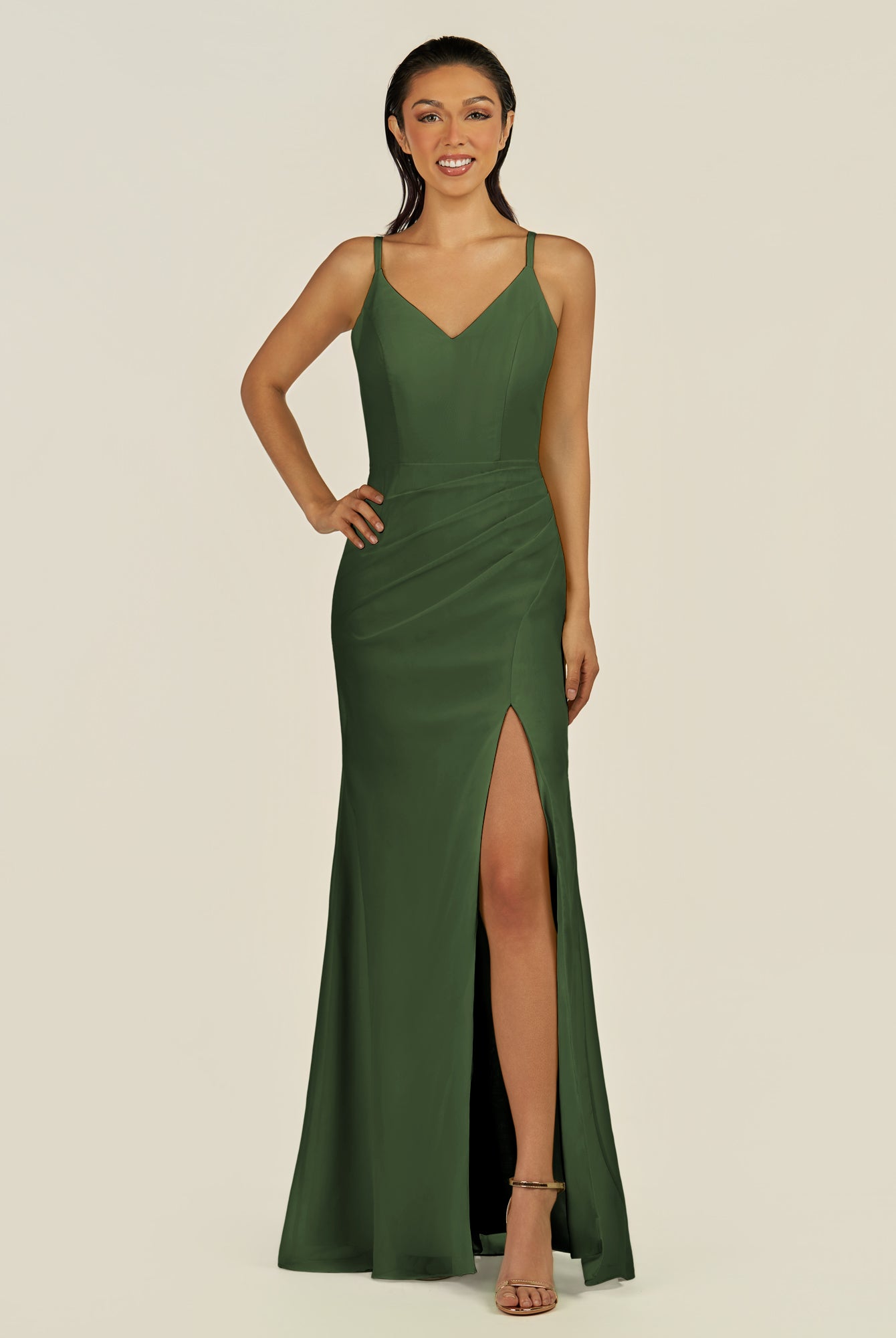 KissDress-Santillia Moss Sheath Chiffon V Neck Long Bridesmaid Dress with Slit