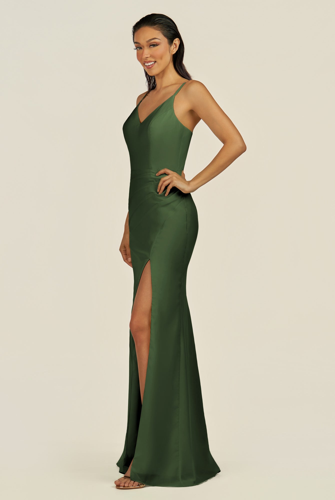 KissDress-Santillia Moss Sheath Chiffon V Neck Long Bridesmaid Dress with Slit