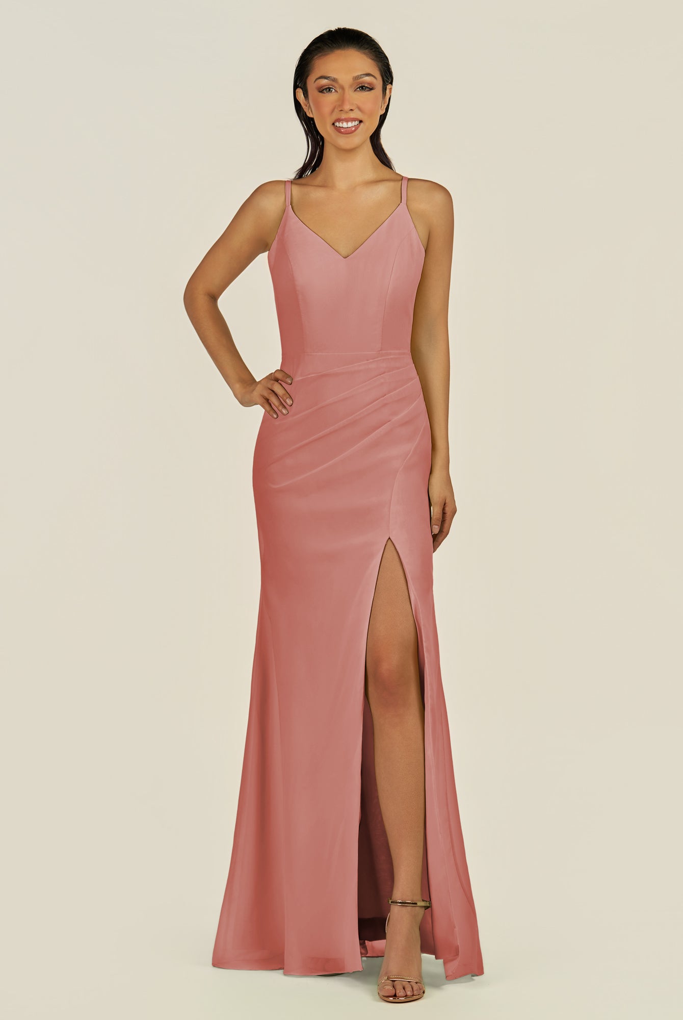 KissDress-Santillia Mulberry Sheath Chiffon V Neck Long Bridesmaid Dress with Slit
