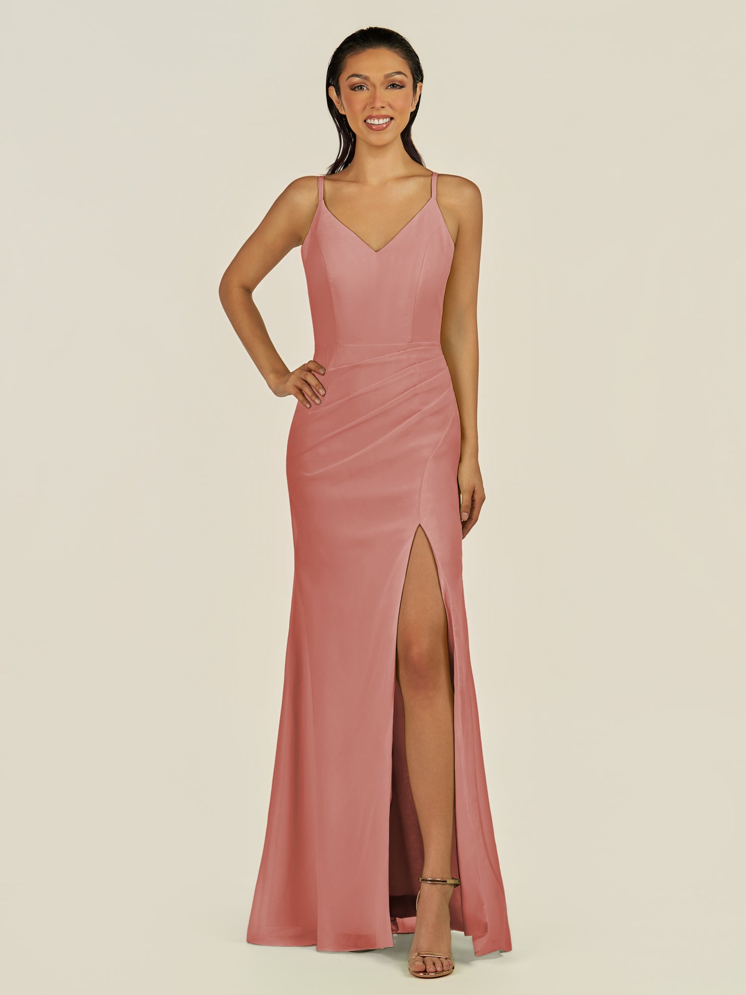 KissDress-Santillia Mulberry Sheath Chiffon V Neck Long Bridesmaid Dress with Slit