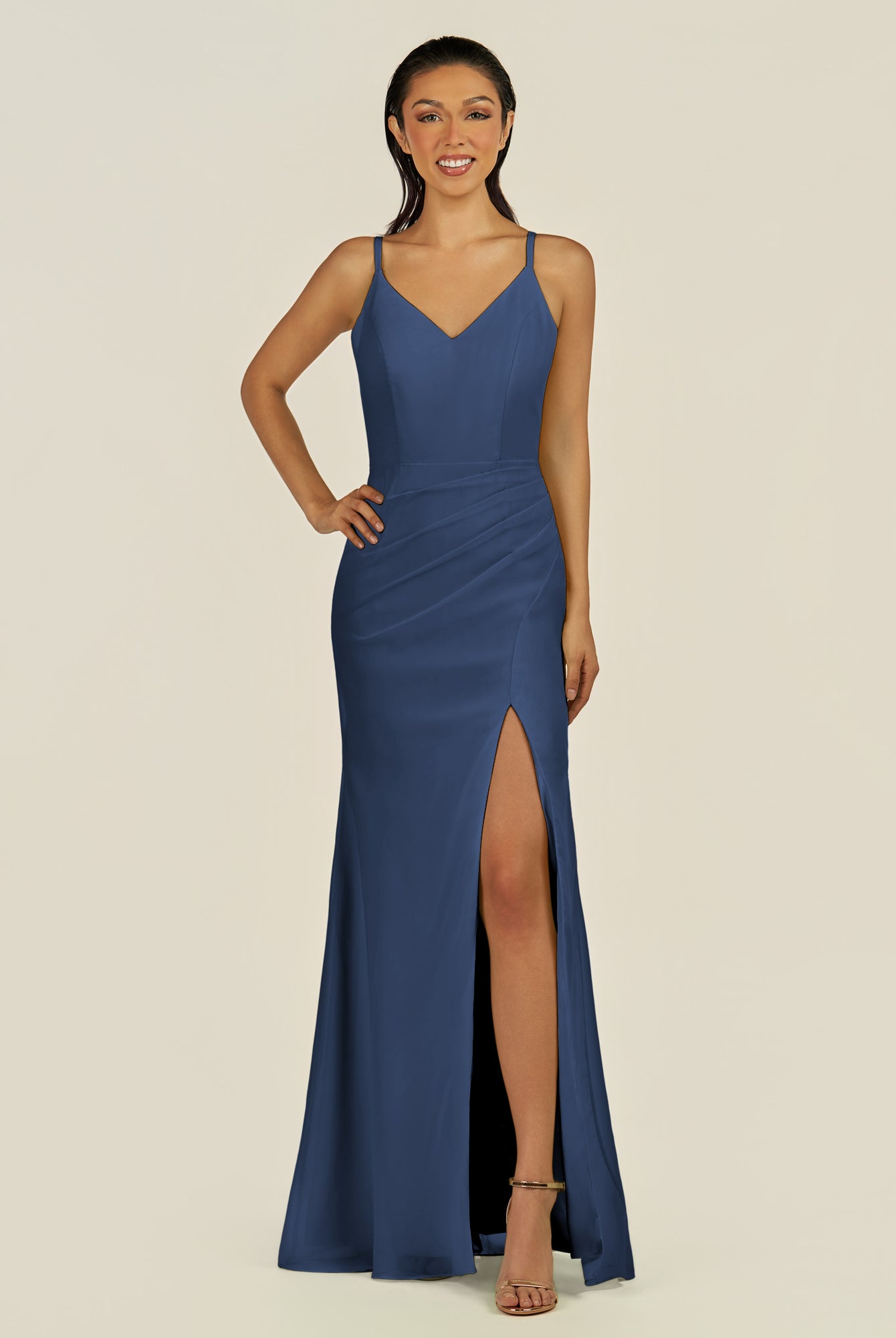 KissDress-Santillia Navy Sheath Chiffon V Neck Long Bridesmaid Dress with Slit