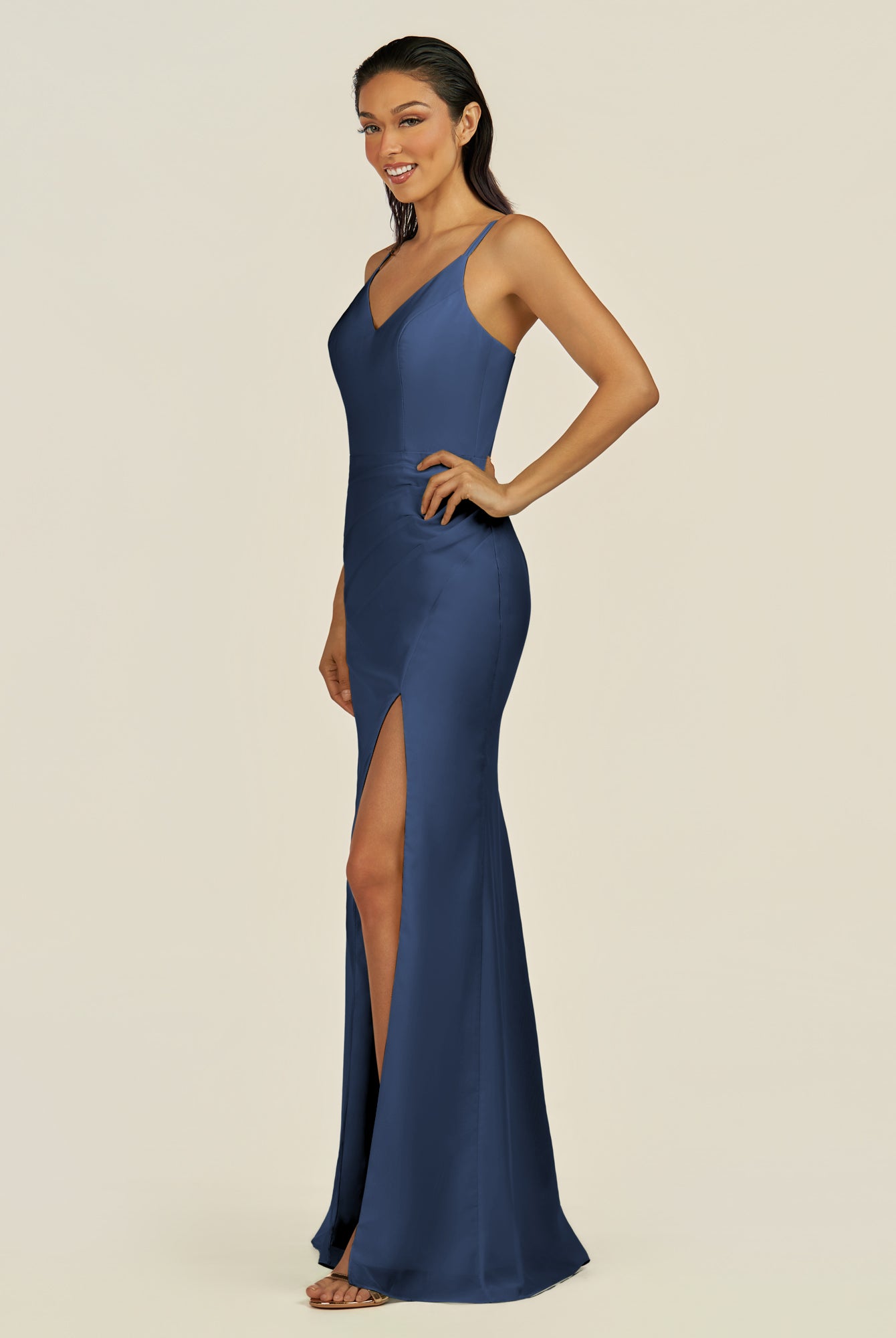 KissDress-Santillia Navy Sheath Chiffon V Neck Long Bridesmaid Dress with Slit