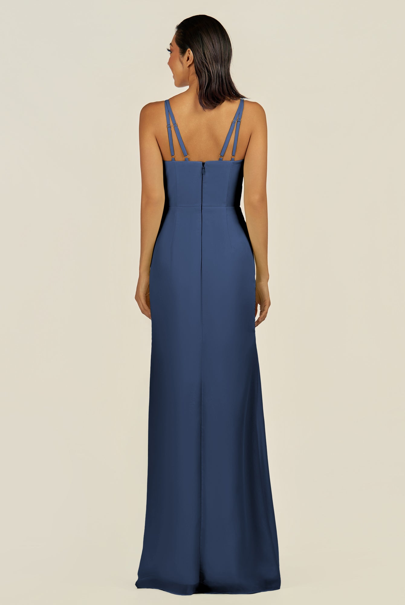 KissDress-Santillia Navy Sheath Chiffon V Neck Long Bridesmaid Dress with Slit