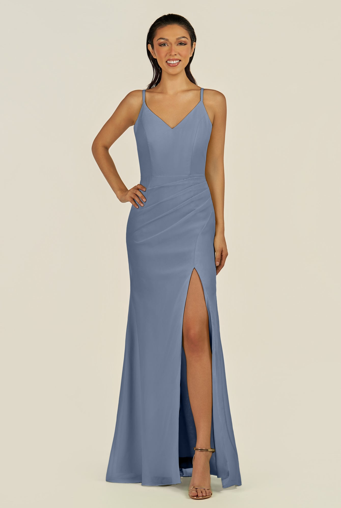 KissDress-Santillia Neptune Sheath Chiffon V Neck Long Bridesmaid Dress with Slit