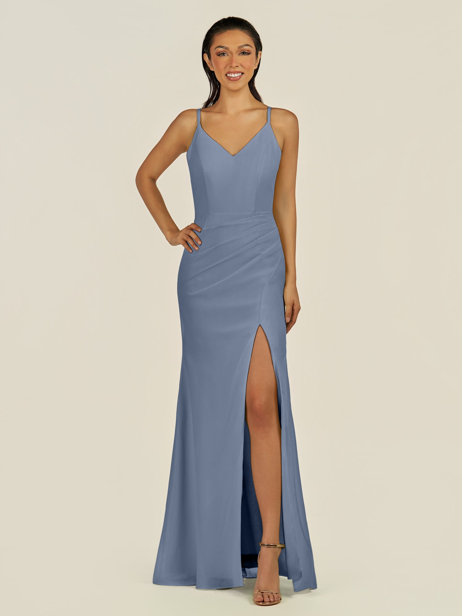 KissDress-Santillia Neptune Sheath Chiffon V Neck Long Bridesmaid Dress with Slit