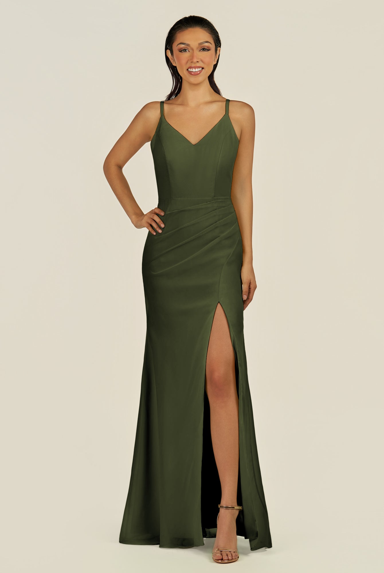 KissDress-Santillia Olive Sheath Chiffon V Neck Long Bridesmaid Dress with Slit